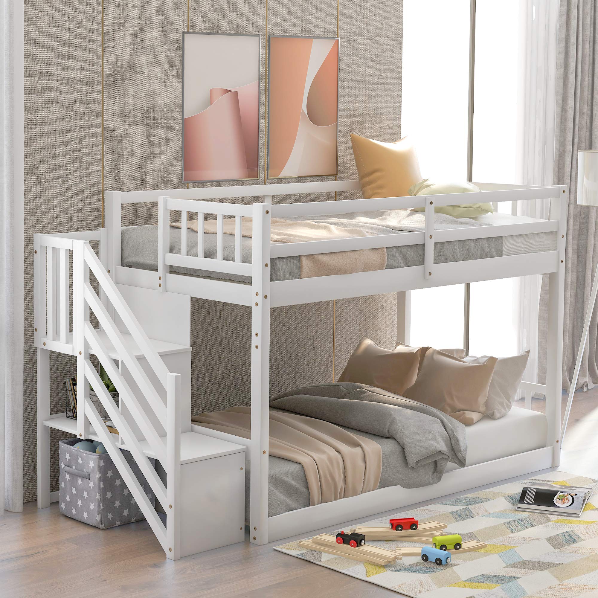 Harper & Bright Designs Twin Over Twin Low Bunk Bed with Stairs & Storage - Solid Wood Kids Bunk Bed for Girls and Boys (White) | Perfect for Small Bedrooms, Shared Kids Rooms & Space-Saving Sleep Solutions
