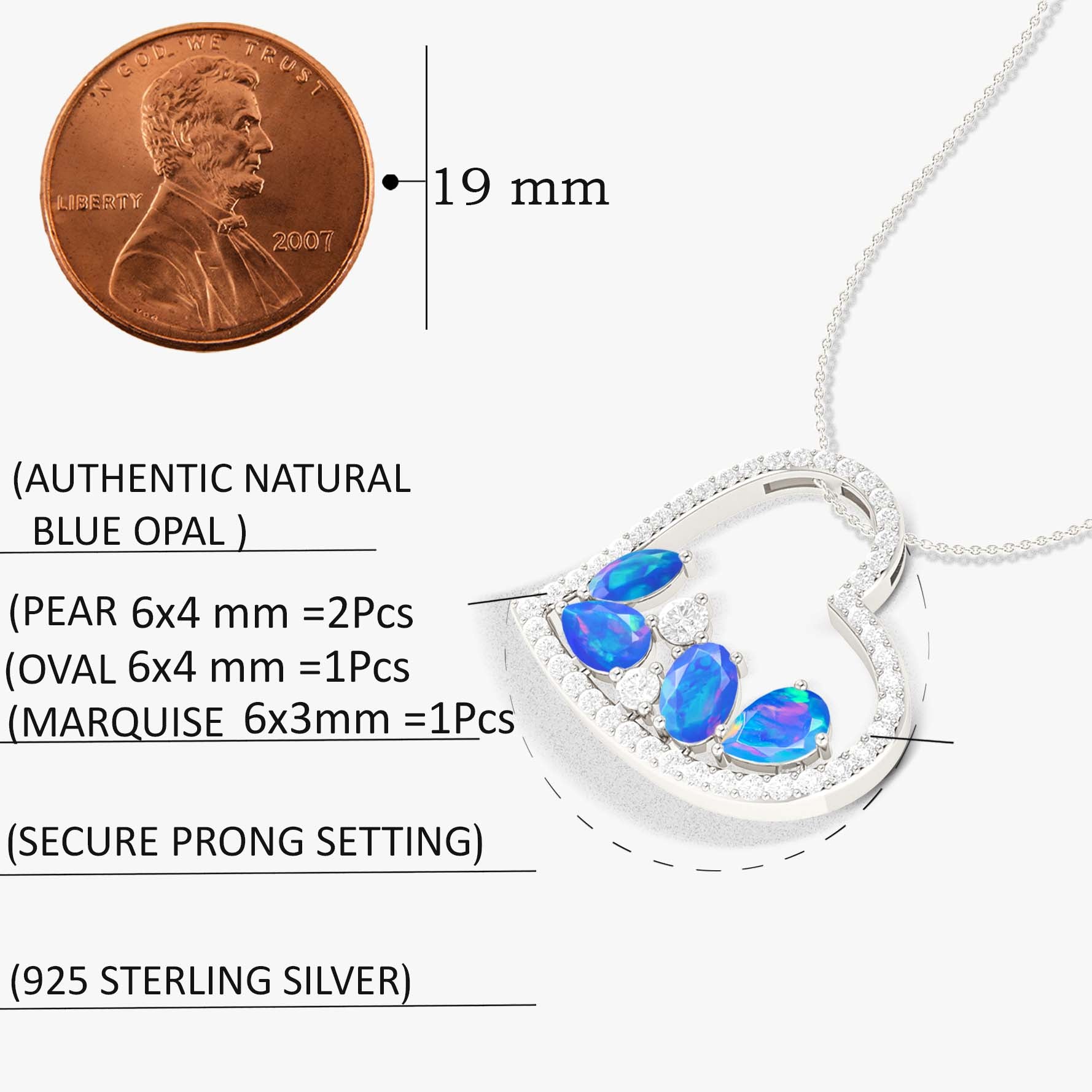Natural Blue Opal 4 Stone Heart Pendant Necklace for Women - Elegant Sterling Silver Chain Jewelry Gift for Valentine's Day, Anniversary & Special Occasions