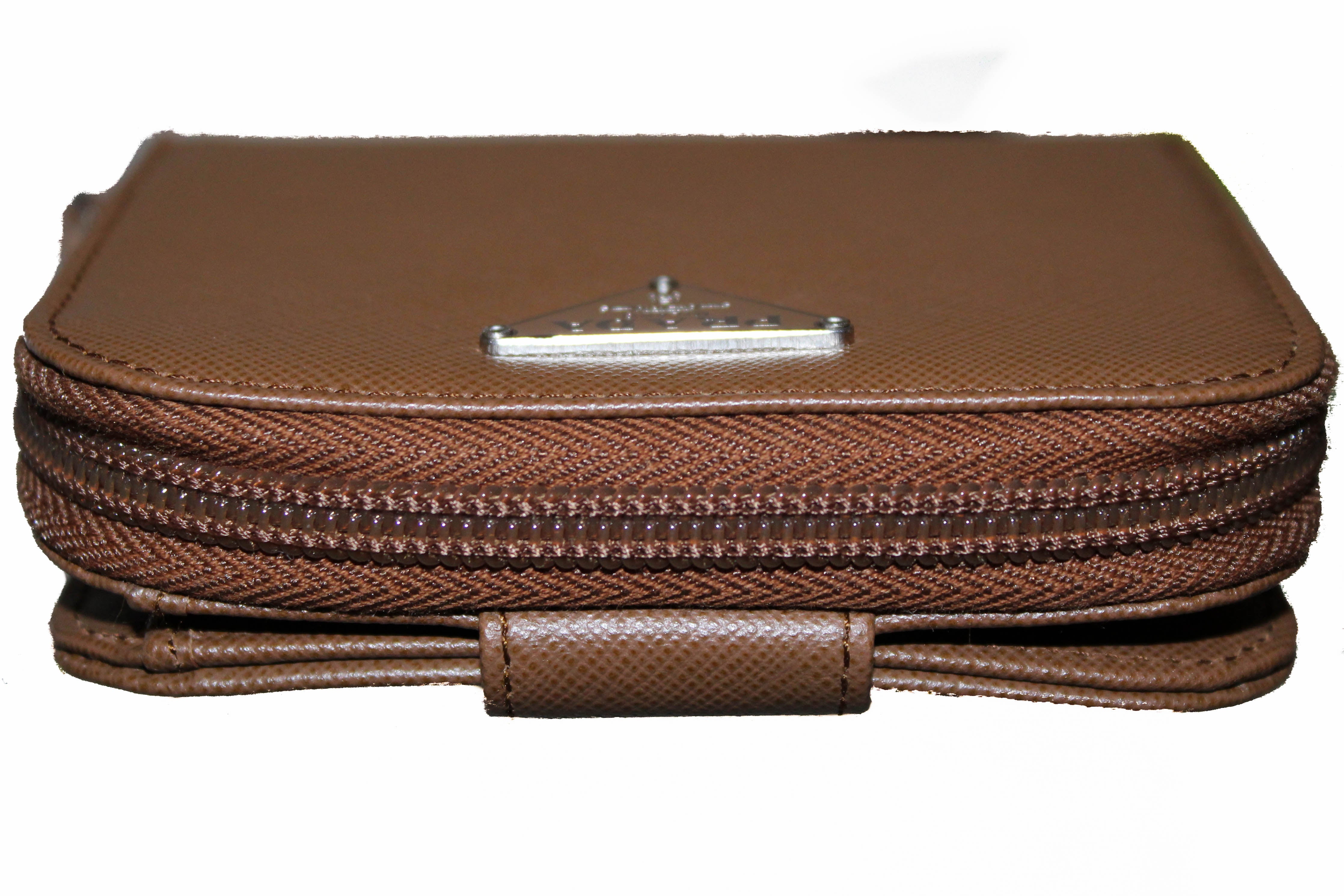 Authentic Prada Saffiano Leather Compact Wallet for Women - Small Brown Luxury Wallet for Everyday Use & Travel