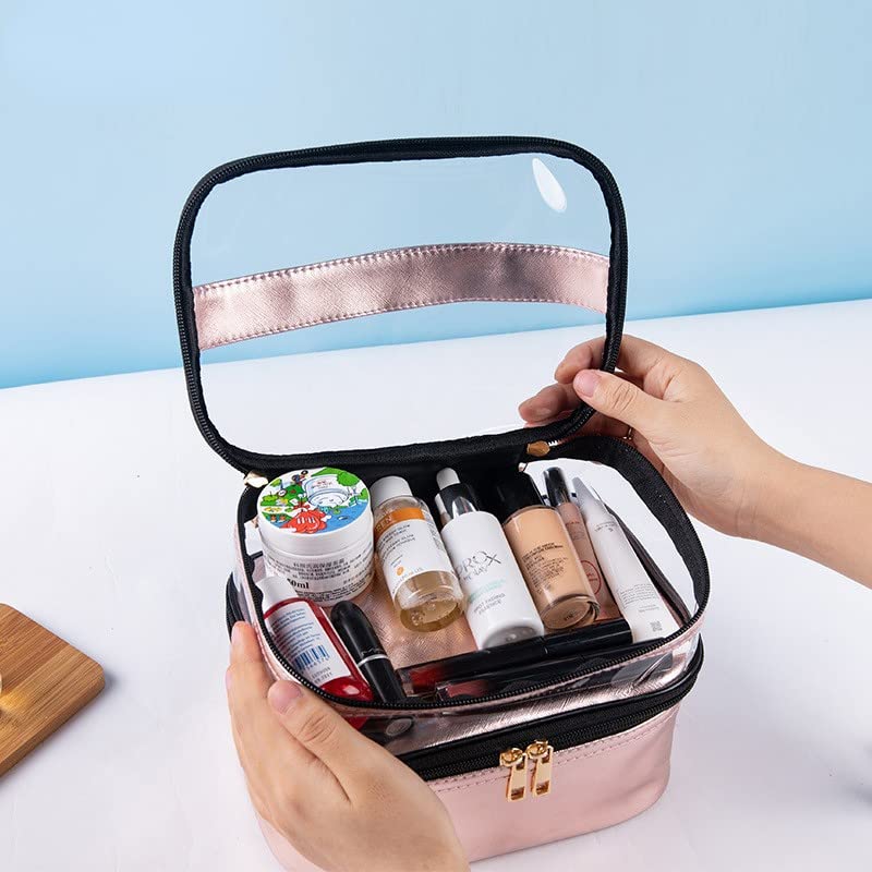 Leather Double Layer Large Makeup Organizer Bag for Women - Travel Toiletry & Cosmetic Case with Clear Compartments (Diamond Green) | Perfect for Travel, Dorm Room Essentials & Daily Beauty Storage