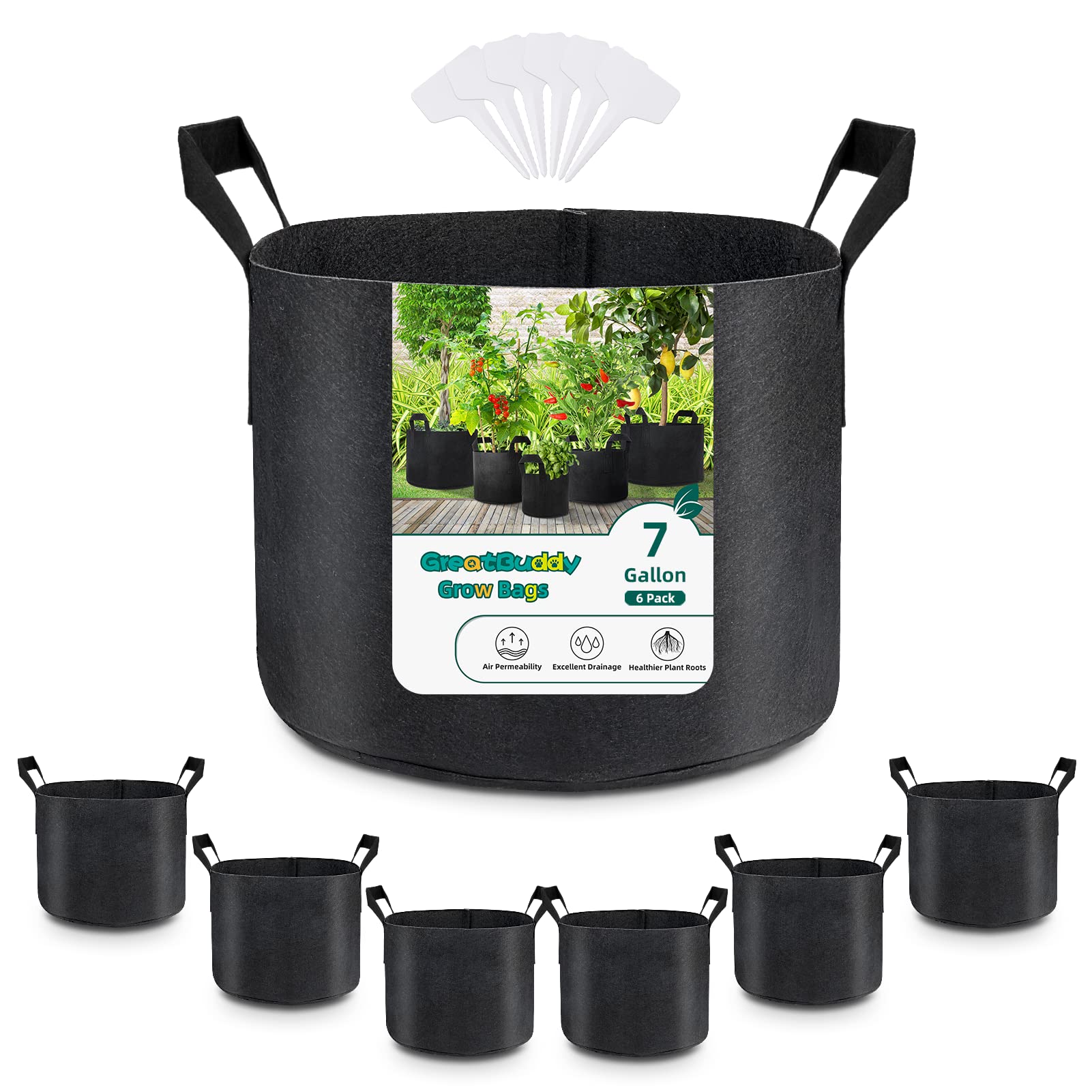 GreatBuddy 7 Gallon Grow Bags 6-Pack - Heavy Duty Fabric Plant Pots with Sturdy Handles & Reinforced Stitching - Includes Free Plant Labels - Ideal for Indoor/Outdoor Gardening, Vegetables, Herbs & Flowers
