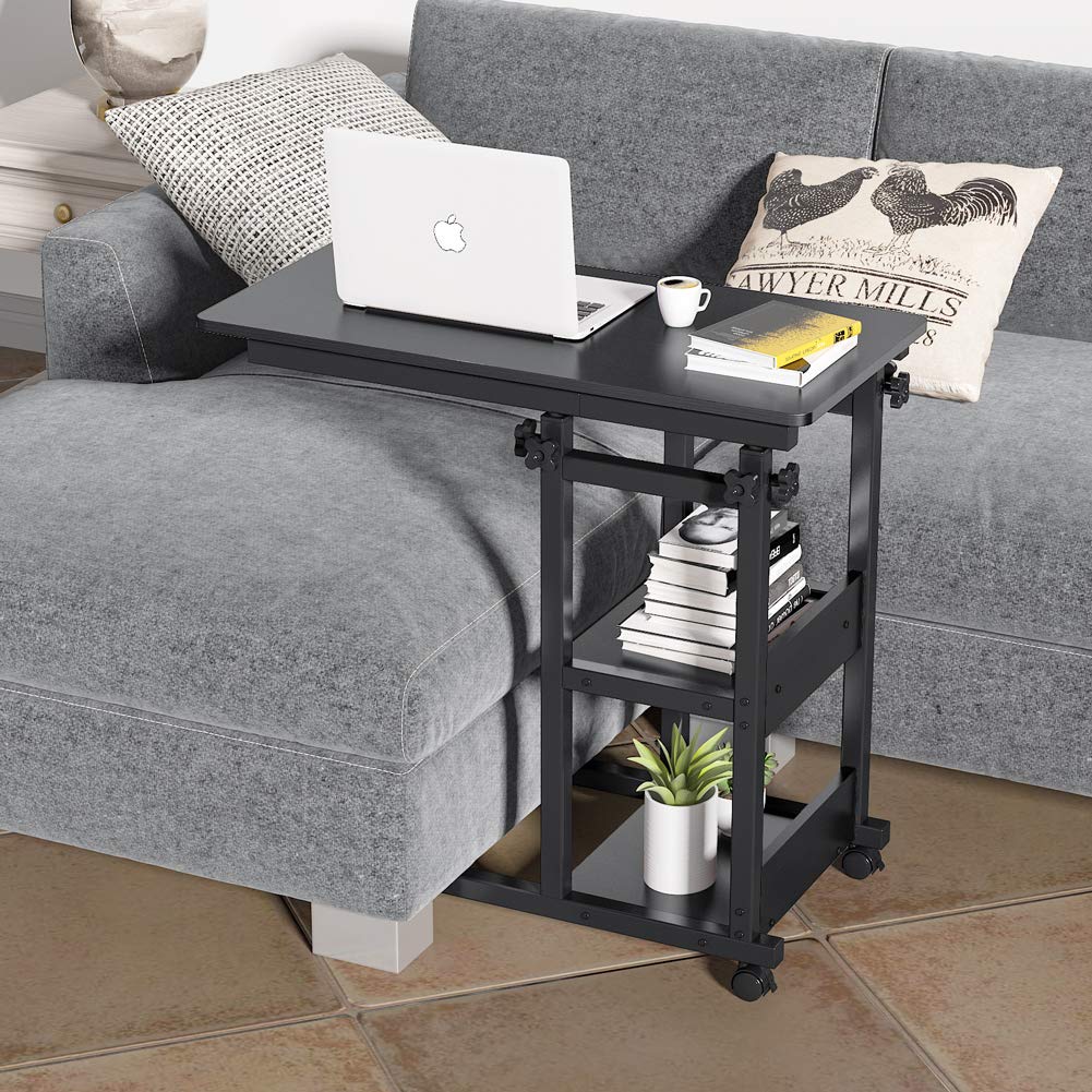 Tribesigns Adjustable Height C-Shaped End Table with Storage Shelves & Wheels - Mobile Sofa Table for Snacks, TV, Laptop - Perfect for Living Room, Bedroom & Small Spaces (Black)