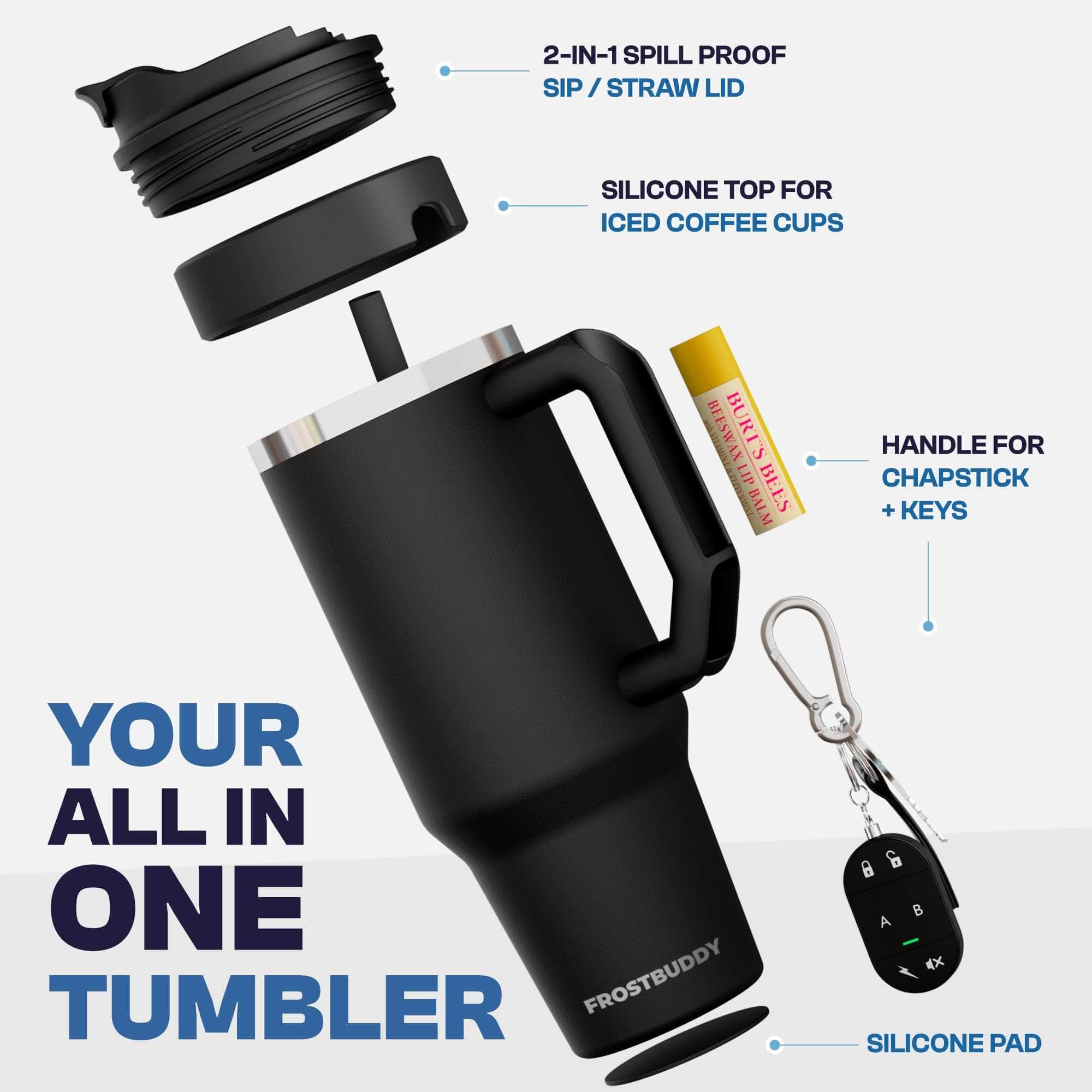 Frost Buddy Thicc Buddy - 50oz Vacuum Insulated Stainless Steel Tumbler with Lid & Straw - Leakproof Travel Mug for Hot & Cold Drinks - Fits Car Cup Holders - Perfect Gift for Men & Women (Black) - Ideal for Office, Gym, Hiking, and Road Trips