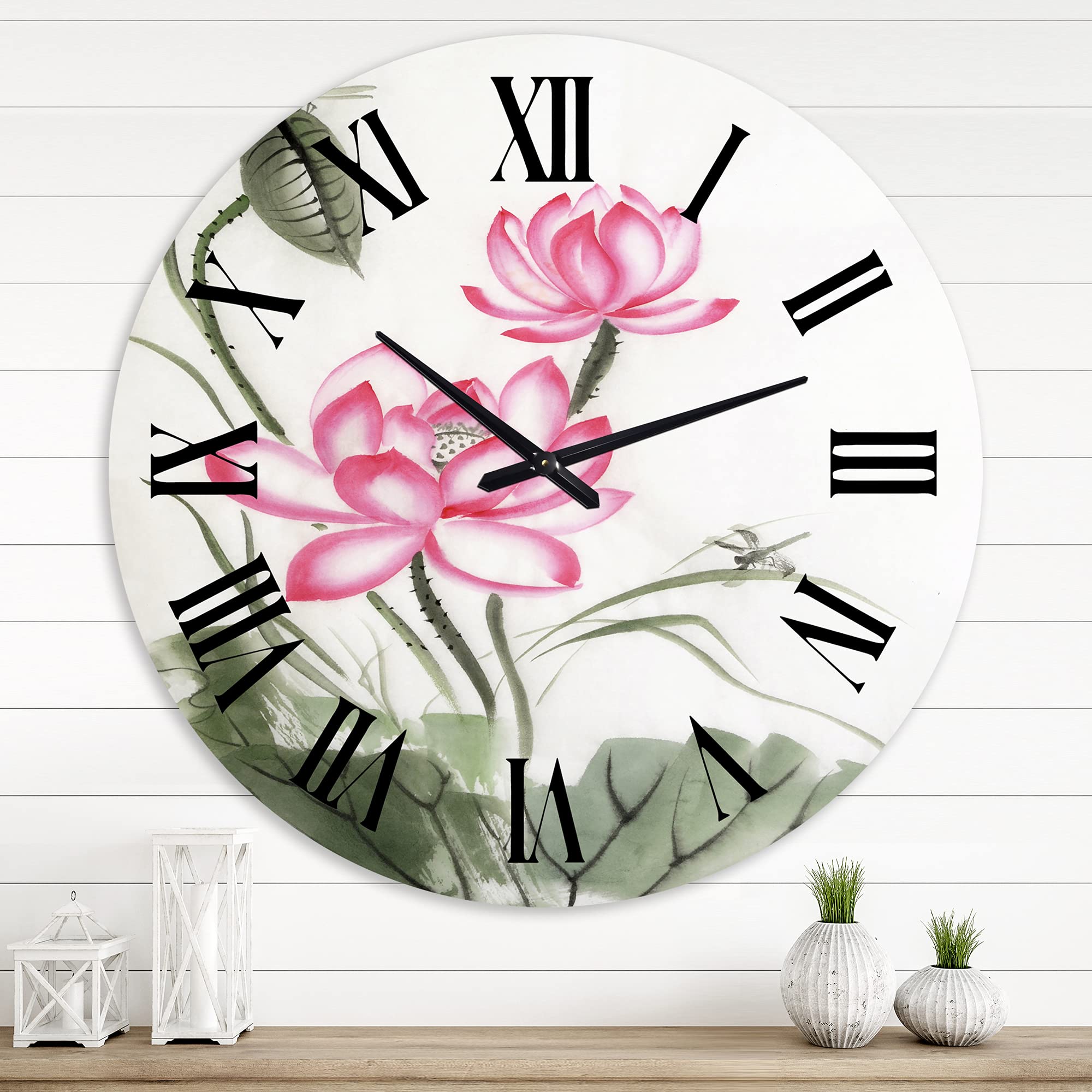 DesignQ Traditional Wall Clock 'Lotus and The Dragonfly I' - Large Floral & Botanical Wall Clock for Kitchen, Living Room, Bedroom Decor - Perfect for Home, Office, and Gift Giving
