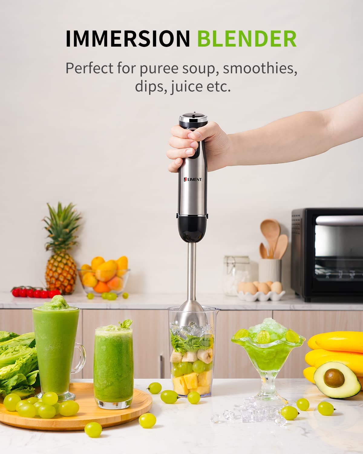 5-in-1 Multi-Purpose Hand Blender with 20-Speed Control - Heavy Duty Immersion Blender with Low-Noise DC Motor, Includes Food Chopper, Whisk, Milk Frother & Mixing Beaker - BPA-Free - Perfect for Smoothies, Soups, Baby Food & Baking
