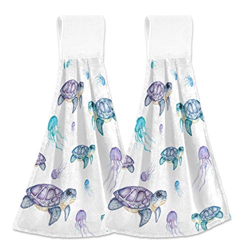 Summer Sea Turtle & Jellyfish Watercolor Kitchen Towels 2 Pack - Blue Hanging Hand Towels with Loops for Bathroom, Kitchen, and Beach House Decor