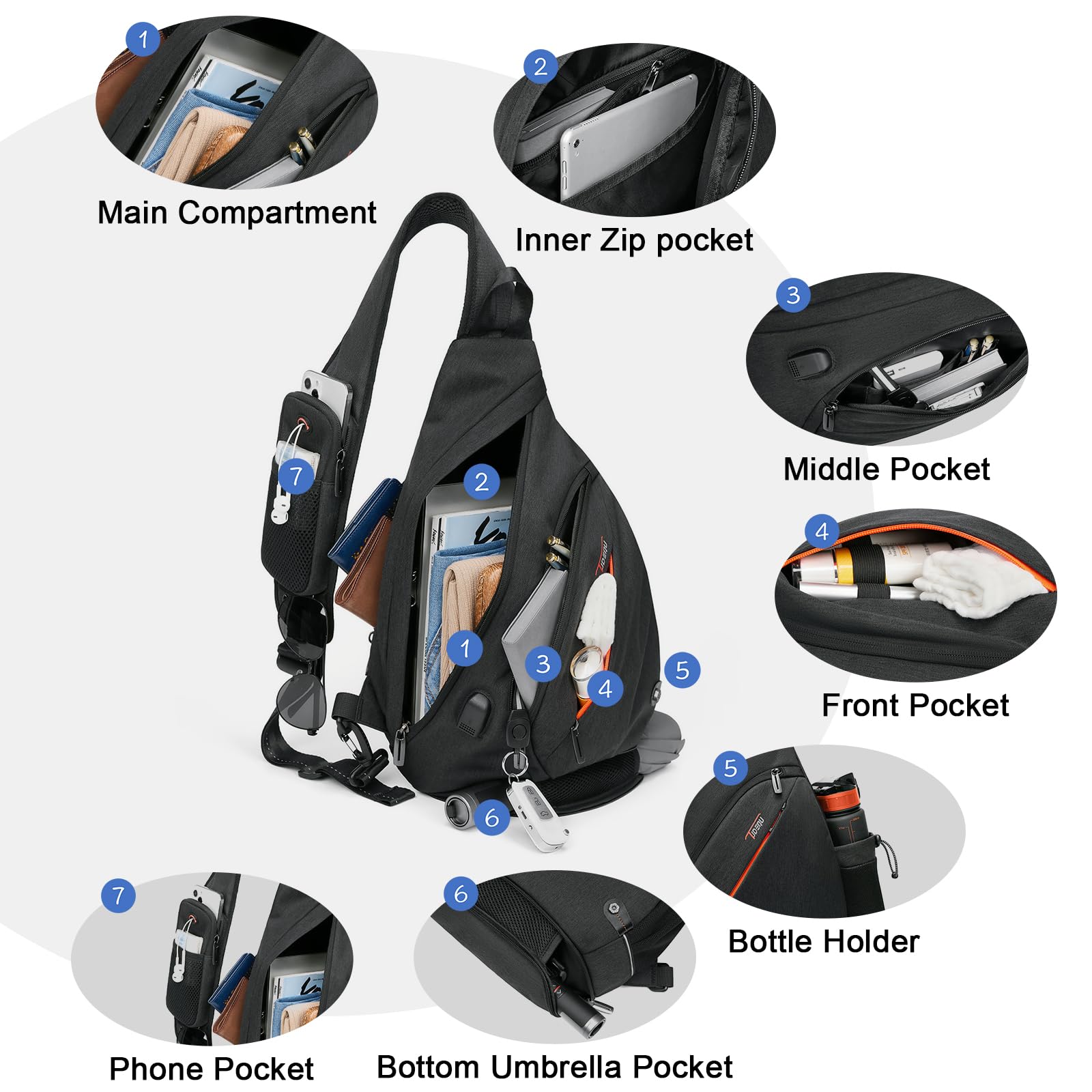 TUDEQU Sling Backpack for Men - 8 Pockets Crossbody Bag, 19L Large Travel Hiking Backpack for Outdoor Activities, Gym & Daily Commute