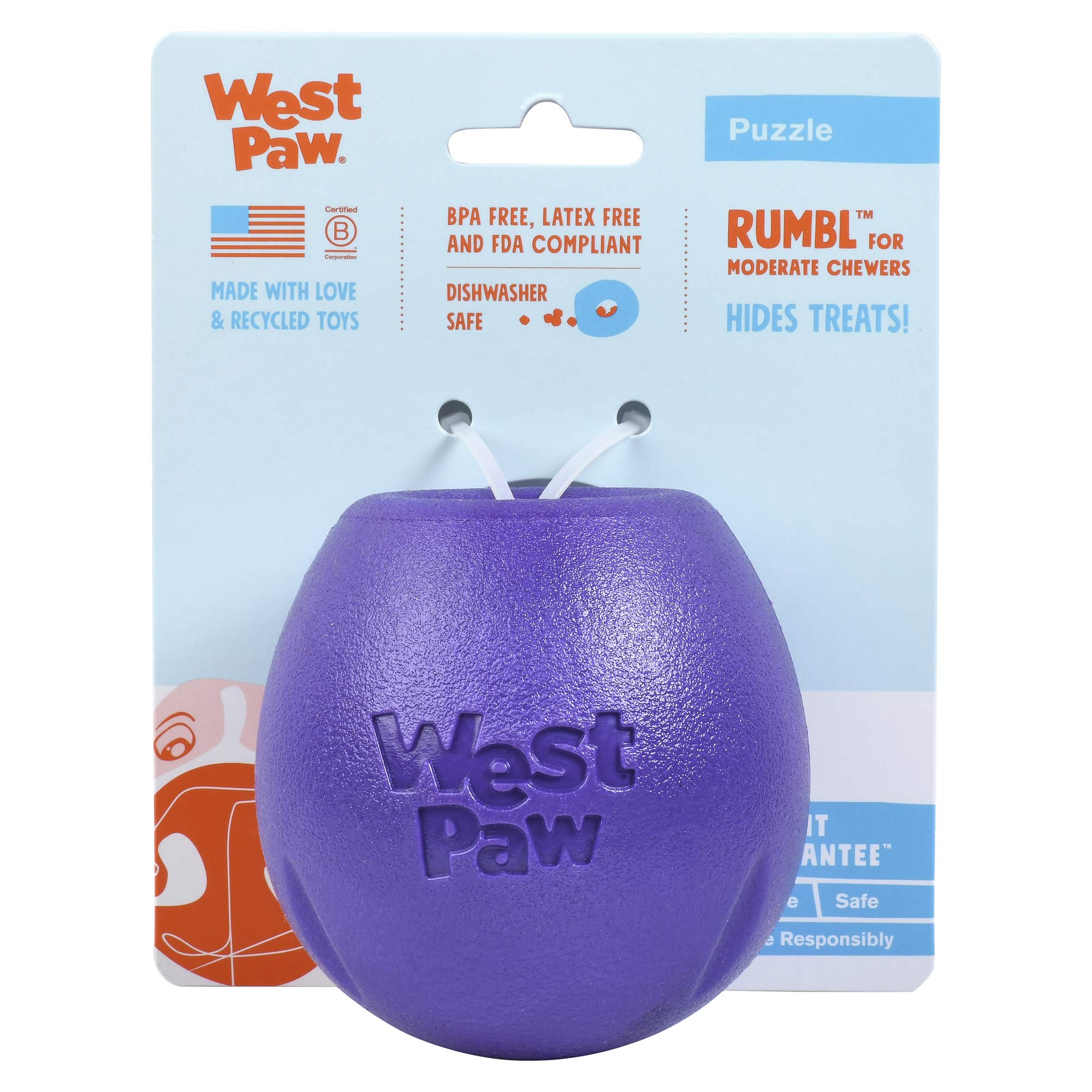 West Paw Zogoflex Rumbl Treat-Dispensing Dog Toy – Interactive Slow-Feeder Chew Toy for Moderate Chewers – Durable Fetch & Catch Enrichment Toy for Dogs – Holds Kibble & Treats (Eggplant, Small) – Perfect for Indoor Play, Training Rewards & Mental Stimulation