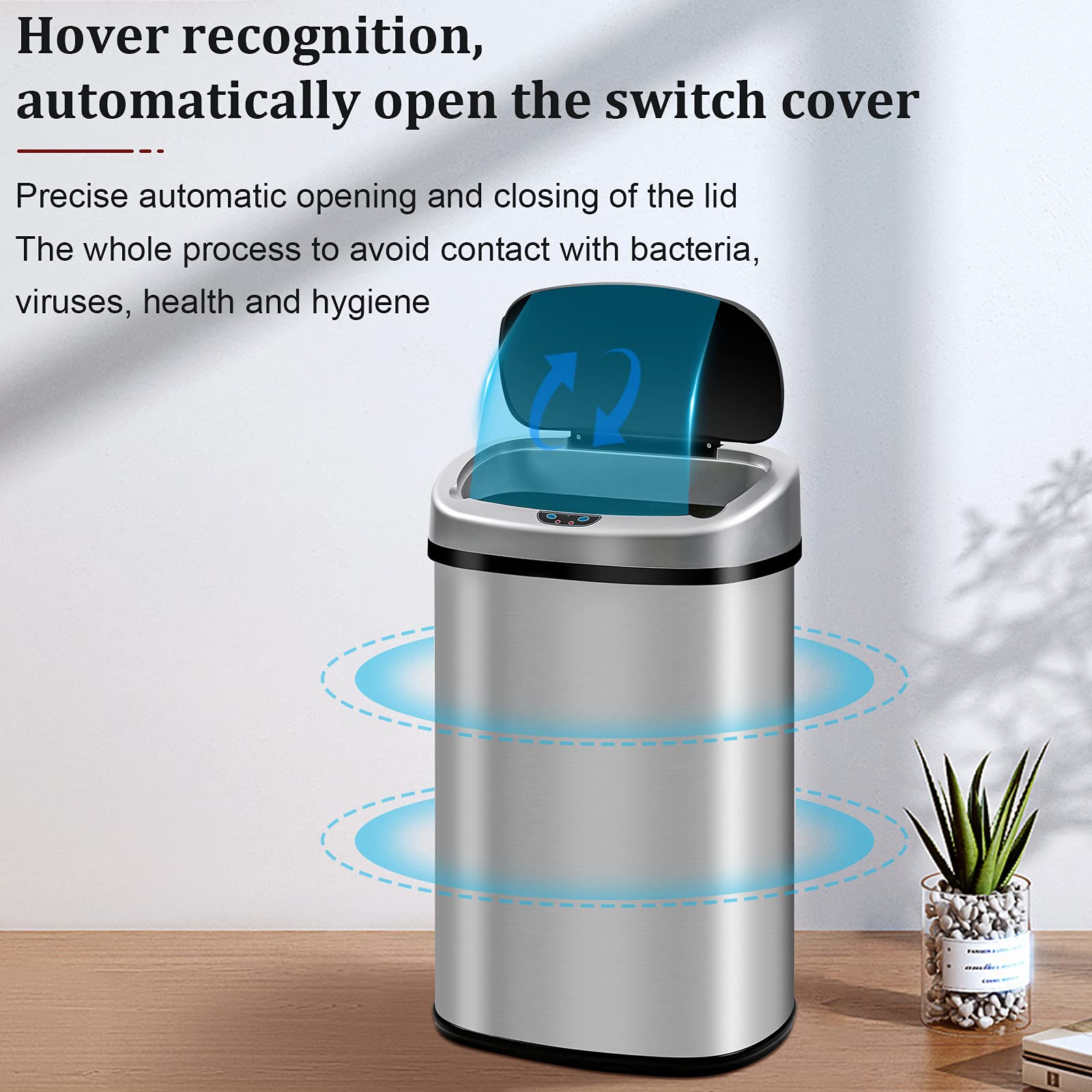 13 Gallon Stainless Steel Automatic Touchless Trash Can with Lid - Motion Sensor Garbage Bin for Kitchen, Bathroom, Bedroom & Office - Silver | Hands-Free Waste Disposal for Hygienic Home & Workspaces
