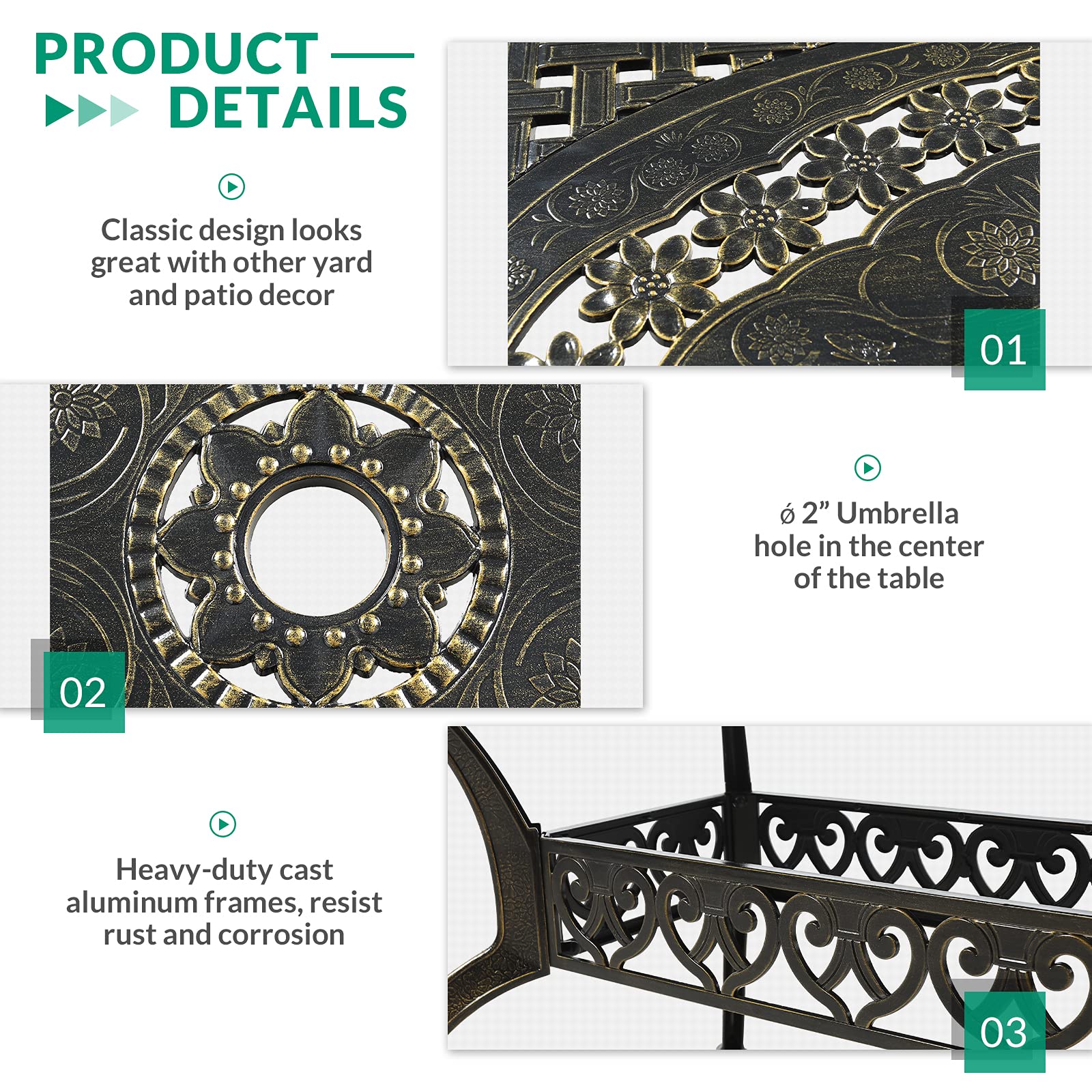 VIVIJASON Outdoor Patio Dining Table - Rustic Bronze Rectangle Cast Aluminum Table with Umbrella Hole - Perfect for Backyard BBQs, Garden Parties & Poolside Dining