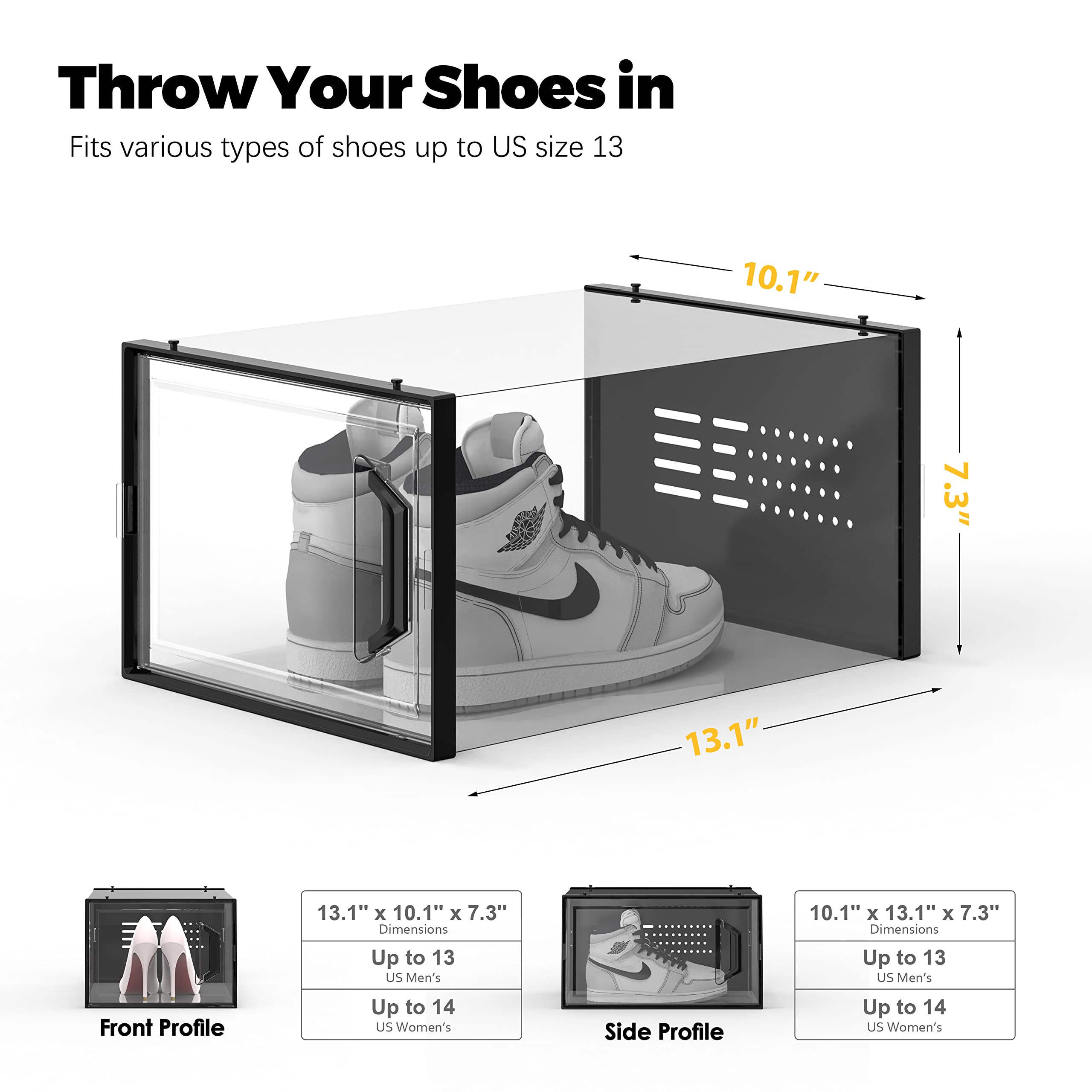 SEE SPRING XX-Large Clear Plastic Shoe Storage Box - Fits Size 13 Sneakers, Stackable Shoe Organizer for Closet & Entryway - Space Saving Shoe Rack Containers for Under Bed Storage (12 Pack, Black) - Perfect for Organizing Shoes in Small Apartments & Dorm Rooms