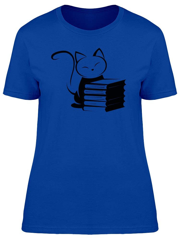 Stylish Women's Cute Cat with Books Graphic T-Shirt - Perfect for Casual Wear, Book Lovers & Cat Enthusiasts