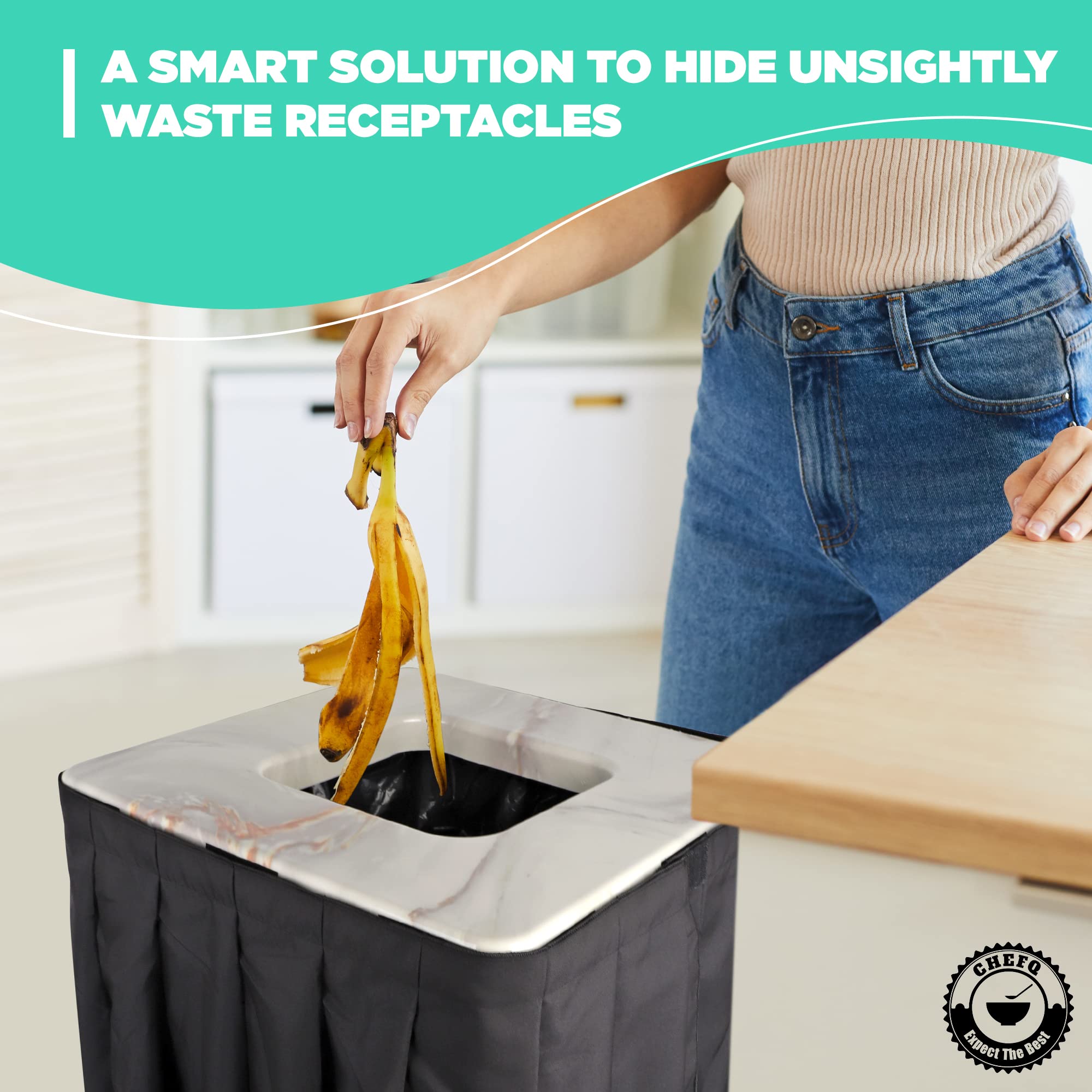 Elegant Marble Design Square Garbage Can Cover - Solid Pleated Skirt Topper for 32-35 Gallon Indoor Trash Bins & Waste Containers Without Wheels - Perfect for Kitchen, Bathroom, Birthday Parties & Home Decor (Marble Top Black Skirt) - Ideal for Residential, Office & Event Use