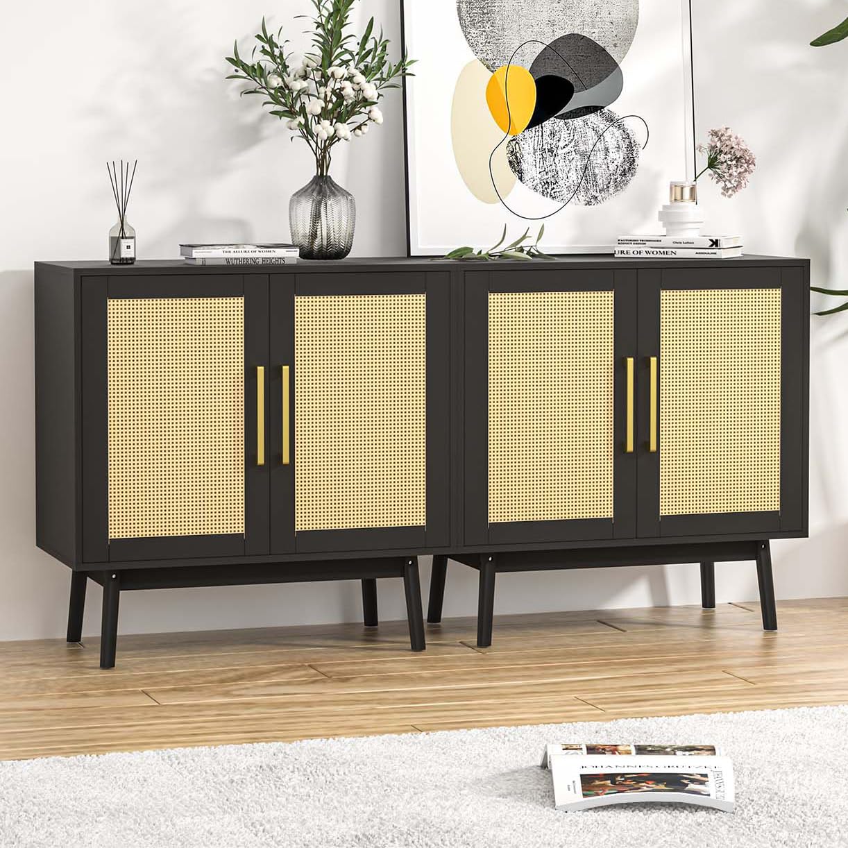 LYNSOM 2-Piece Buffet Cabinet Set with Rattan Doors & Solid Wood Feet - Stylish Sideboard Storage Cabinet for Living Room, Entryway, Hallway - Perfect for Dining Room Storage & Home Decor (Black)