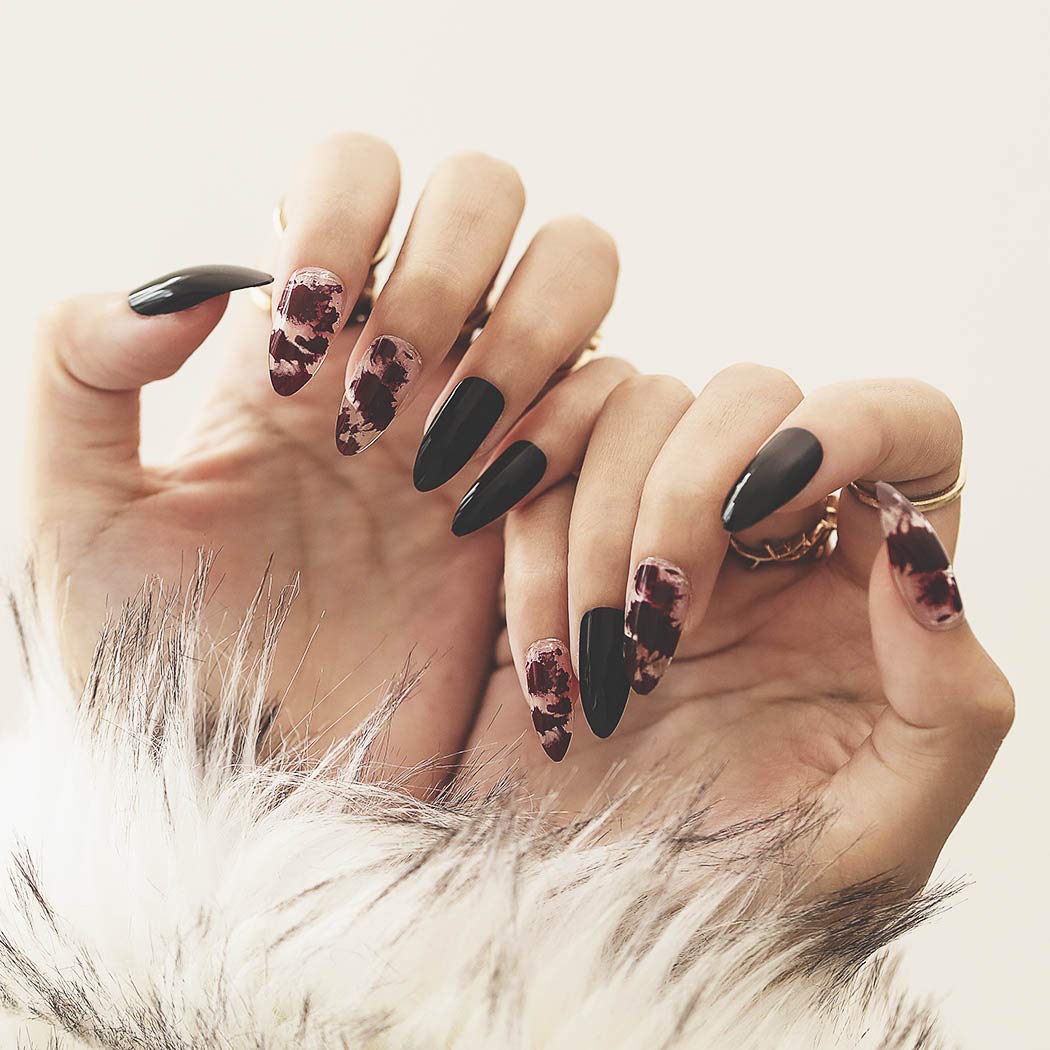 Halloween Press On Nails Stiletto - 24PCS Witch Black & Red Fake Nails for Women | Long Lasting Glue On Nails for Halloween Party, Cosplay & Costume Events