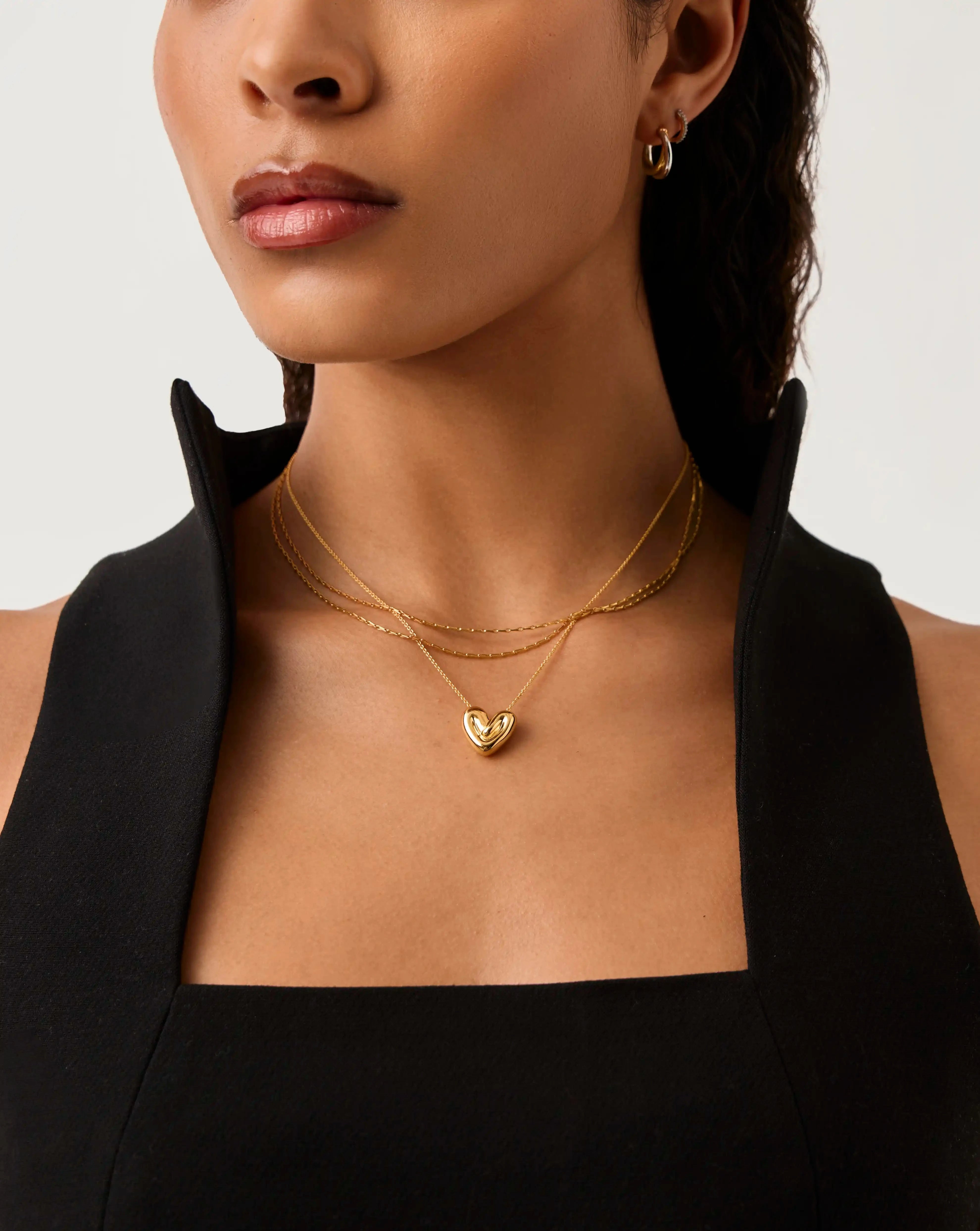 Double Chain & Puffy Heart Necklace Set - 18k Gold Plated Jewelry for Women | Elegant Layered Necklace for Valentine's Day, Anniversary Gift, Date Night & Special Occasions