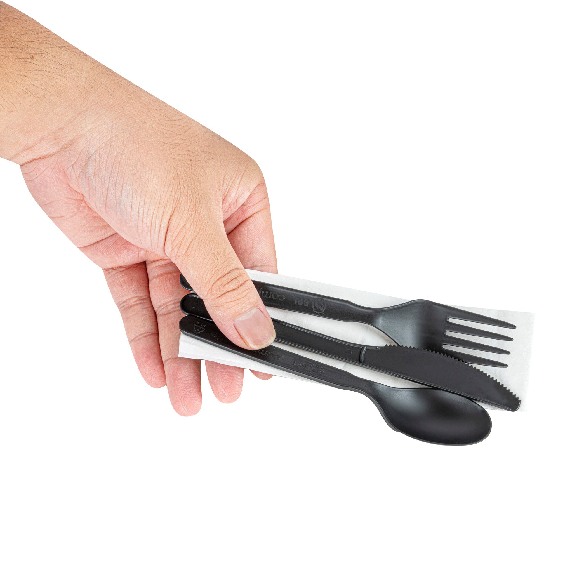 Eco-Friendly Black PLA Plastic Cutlery Set with Napkins & Salt/Pepper Packets - 500 Count Compostable Cutlery Kit (6.25