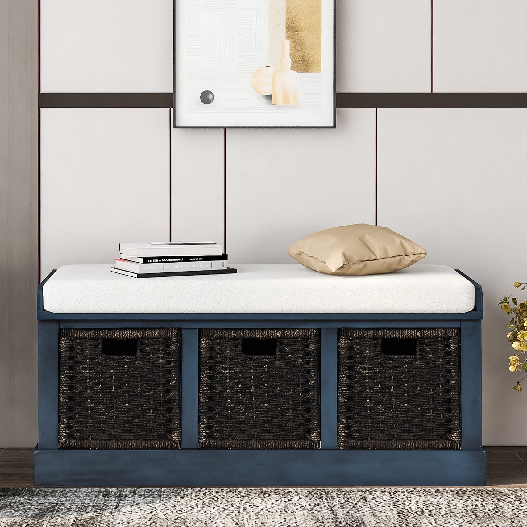 Harper & Bright Designs Rustic Wicker Storage Bench with 3 Rattan Baskets & Removable Cushion - Wooden Entryway Bench for Hallway, Bedroom, Living Room - Antique Navy - Perfect for Home Organization & Farmhouse Decor