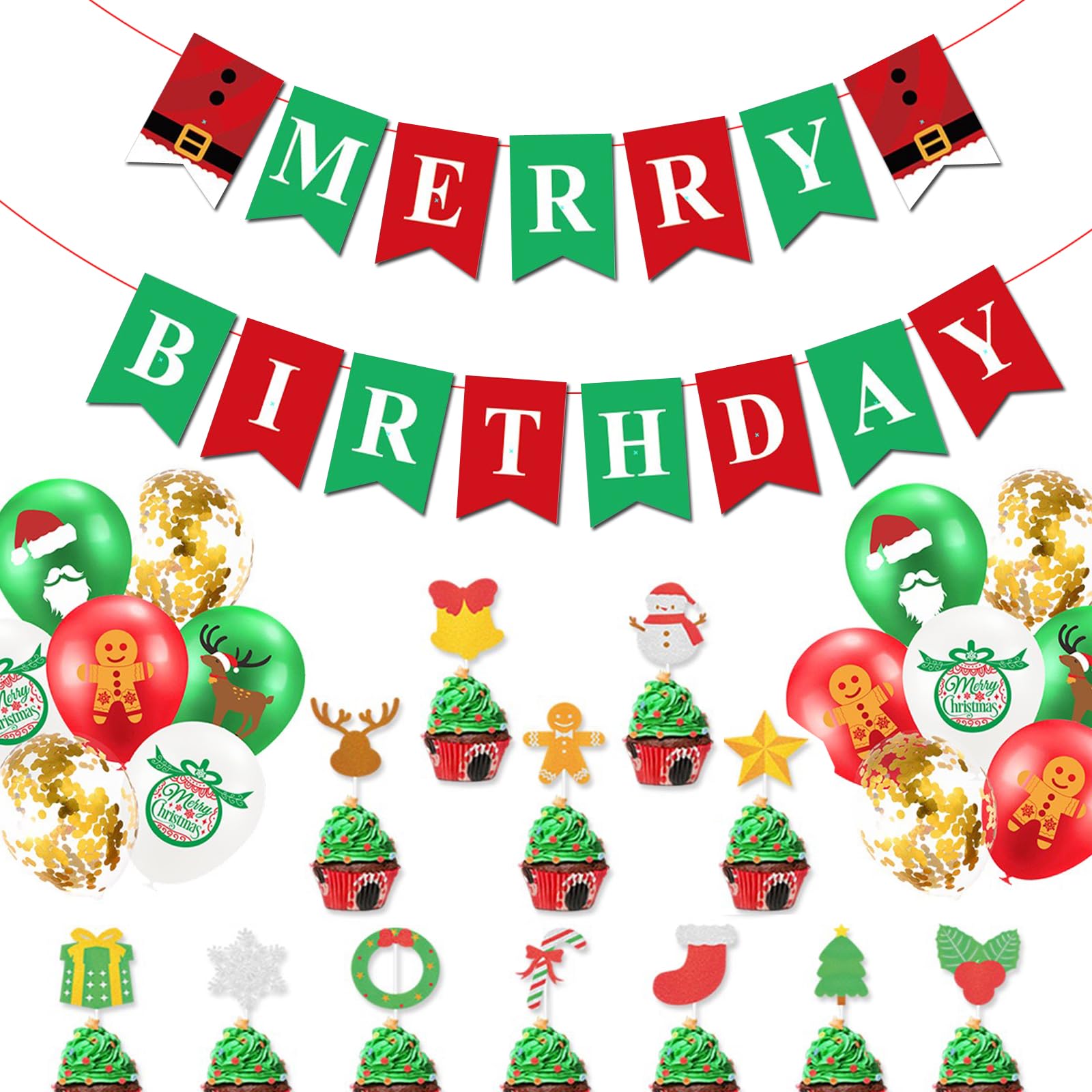 Merry Christmas Themed Birthday Party Decorations - Red & Green Glitter Happy Birthday Banner for December Xmas Parties - Perfect for Holiday Celebrations, Family Gatherings & Festive Home Decor