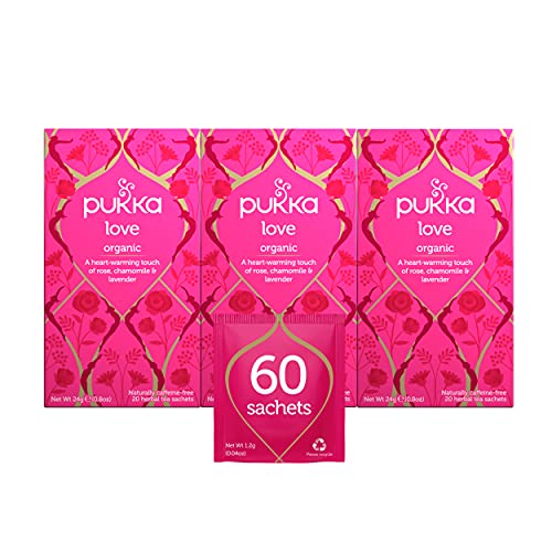 Organic Herbal Tea Bags - Pukka Love Tea with Chamomile, Rose & Lavender | 60 Tea Bags (3x20 Count) | Relaxing Bedtime Tea, Stress Relief & Wellness Drink | USDA Certified, Caffeine-Free