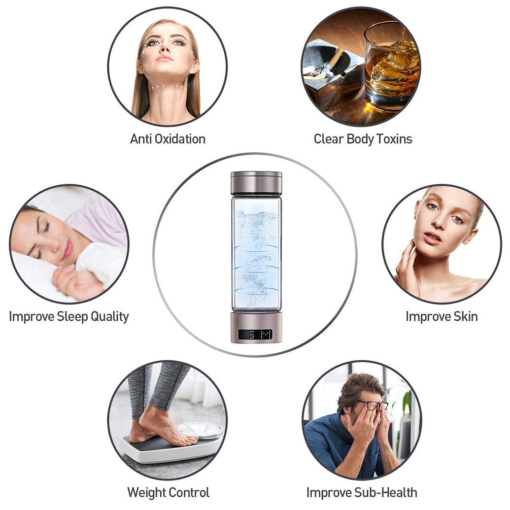 Hydrogen Water Bottle Generator - Portable Alkaline Water Maker with SPE/PEM Technology - 400ml High Borosilicate Glass Bottle - for Hydration, Detox & Energy Boost at Home, Gym or Travel