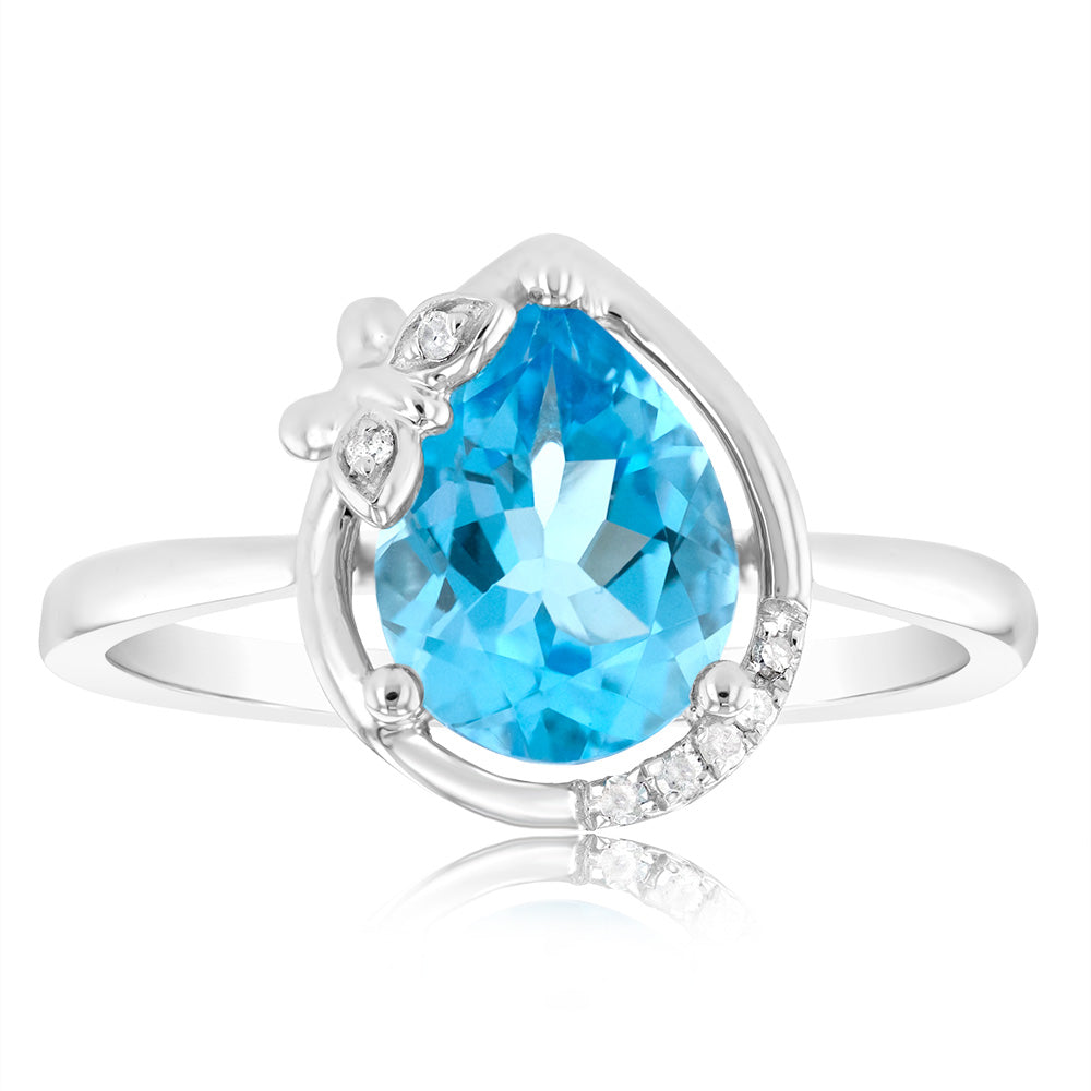 9ct White Gold Natural Blue Topaz & Diamond Ring for Women - Elegant Birthstone Jewelry Gift for Anniversary, Engagement & Special Occasions
