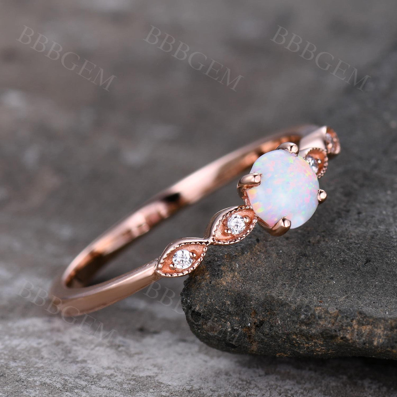 0.5 Carat Round White Opal Engagement Ring with Diamond Accent - Classic Vintage Style for Wedding, Proposal & Anniversary Gifts