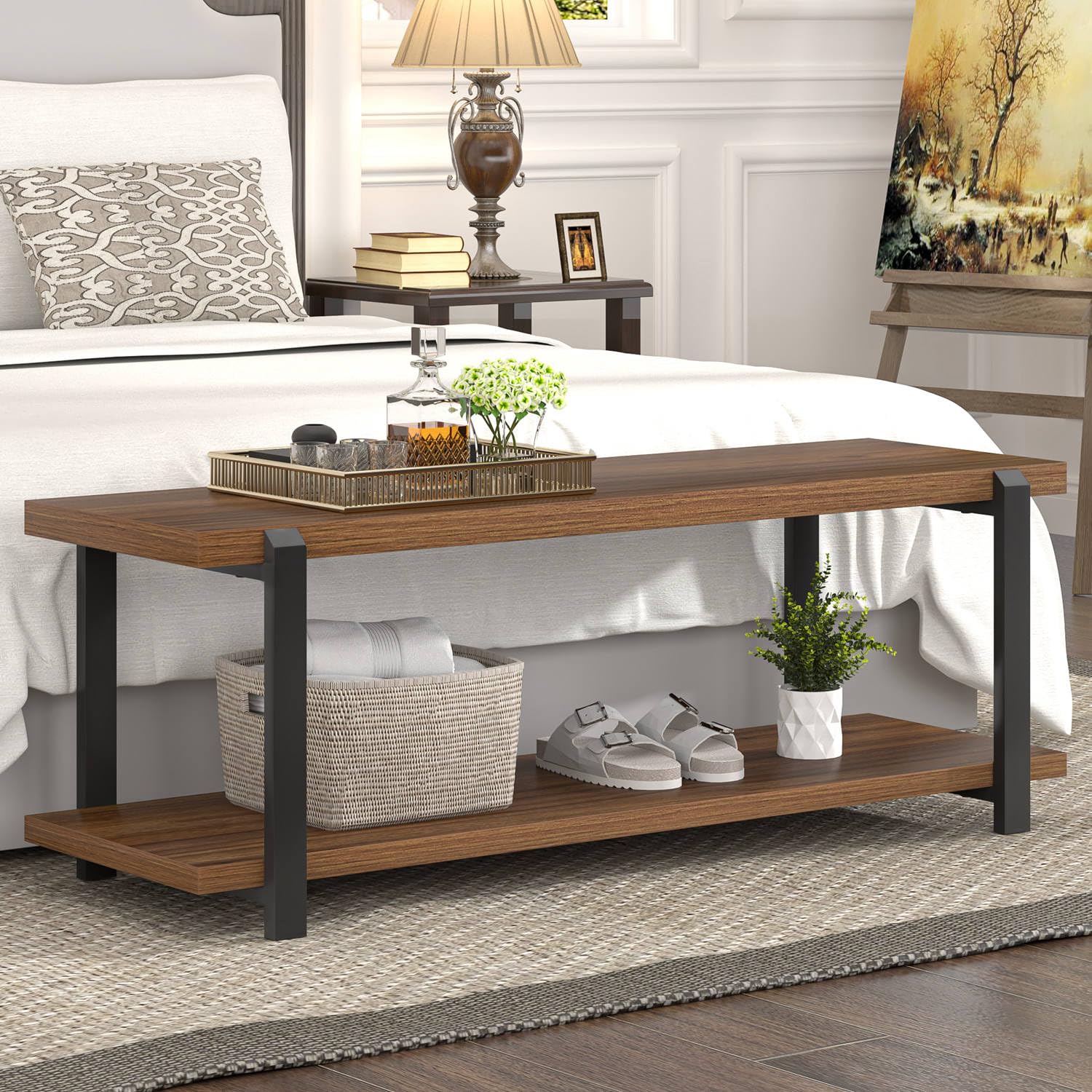 Modern FOLUBAN Entryway Bench with Shoe Storage - 47 Inch Rustic Walnut Wood & Metal Hallway Bench for Bedroom, Living Room, Front Door - Industrial Style End of Bed Bench for Home Organization & Decor