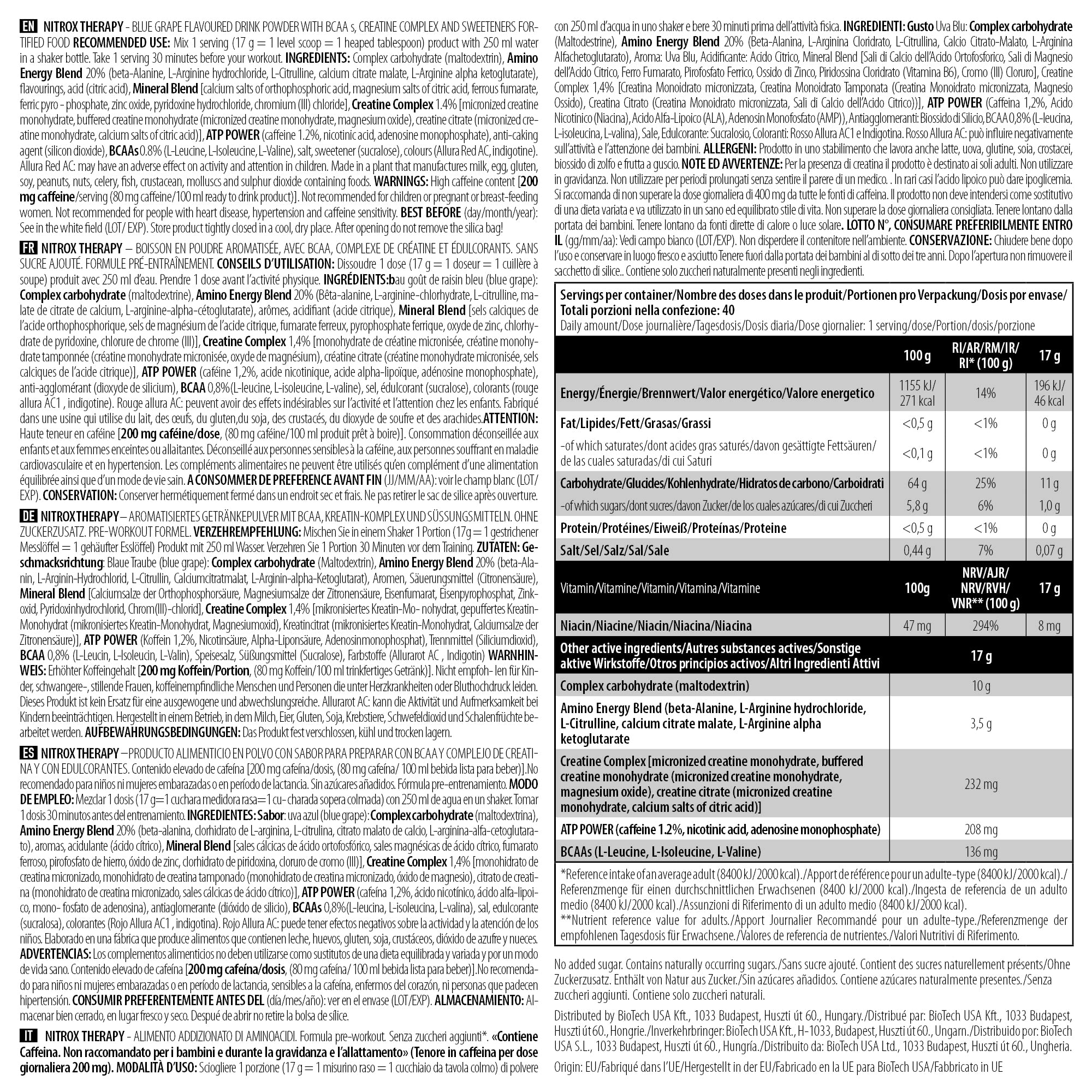 BioTechUSA Nitrox Therapy Pre-Workout Supplement - Blue Grape Flavor 680g | Muscle Energy Booster for Gym & Athletic Performance