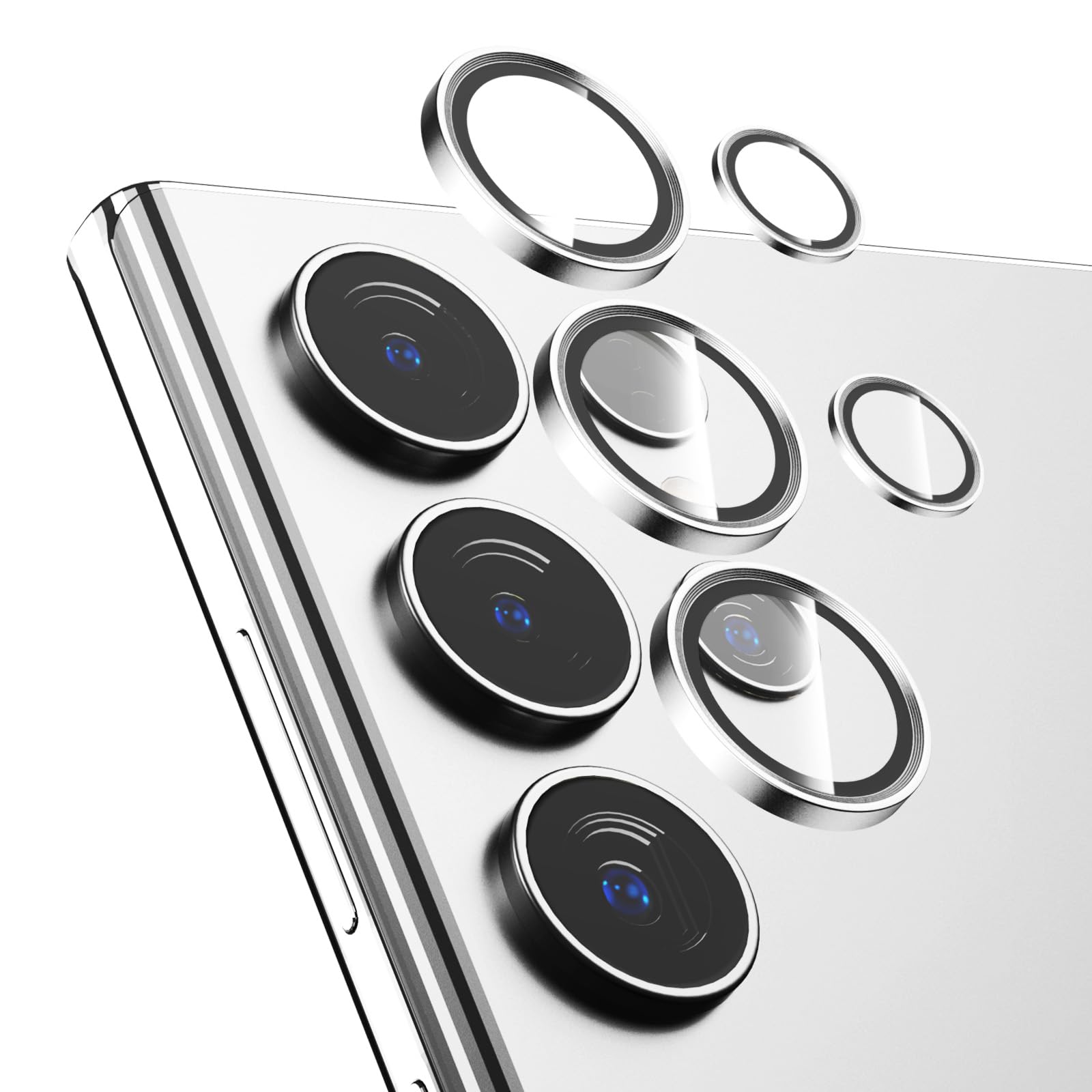 2 Pack 9H Hardness Silver Auto-Alignment HD Camera Lens Protector for Samsung Galaxy S24 Ultra - Metal Ring Back Screen Cover Film, Scratch Resistant, Case Friendly Accessories | Perfect for Outdoor Photography, Travel & Daily Protection