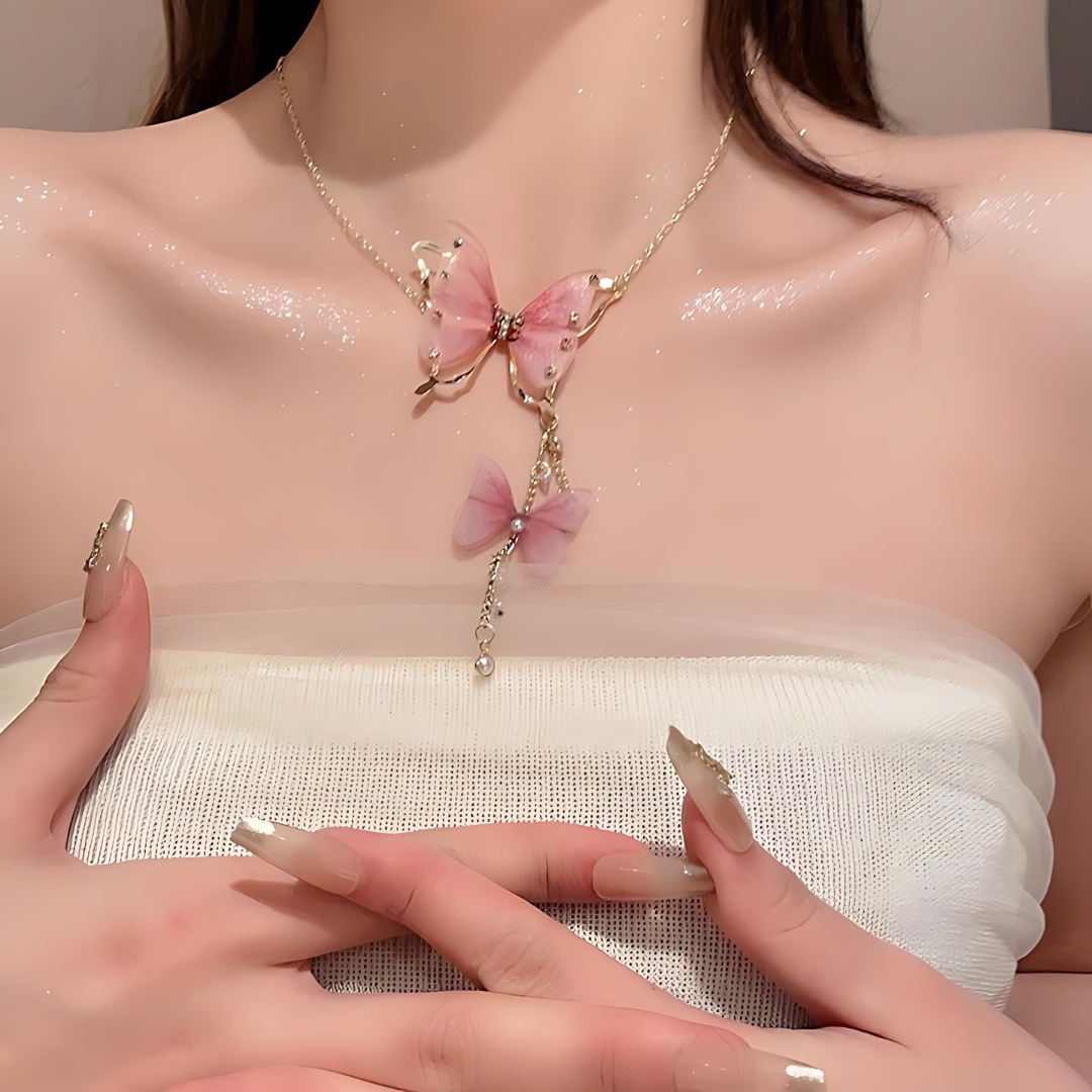 Elegant Pink Butterfly Tassel Lariat Y Necklace with Pearl Accents | Dainty Boho Jewelry for Women | Perfect for Parties, Weddings & Date Nights | HN3246