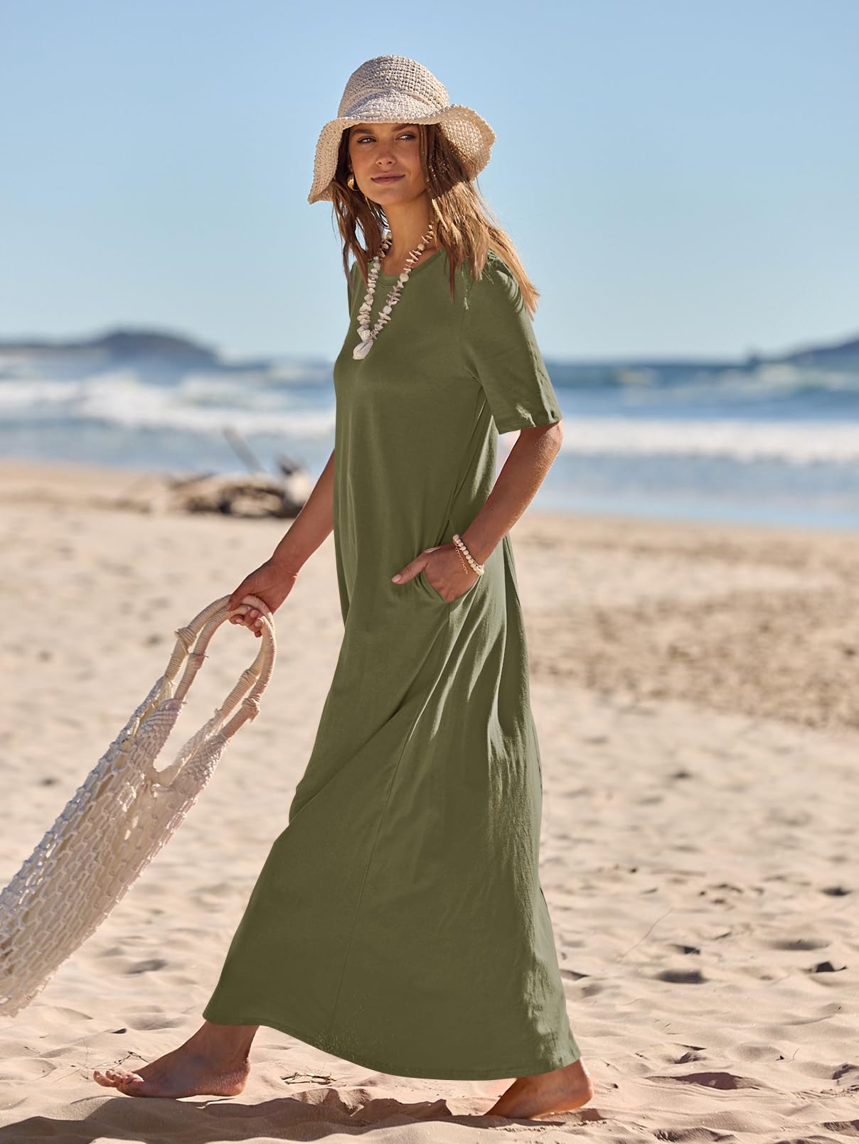 MEROKEETY Women's 2025 Spring Summer Casual Maxi Dress - Short Sleeve Crewneck Long T-Shirt Dress for Beach Vacation & Everyday Wear | Flowy Comfort Dress for Outings, Travel & Relaxation