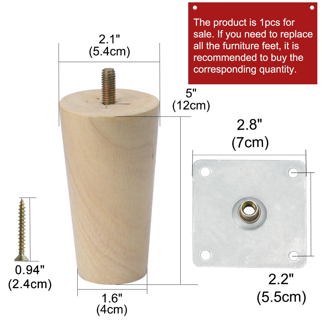 uxcell 5 Inch Round Solid Wood Furniture Legs - Replacement Feet for Sofa, Couch, Chair, Table, Desk, Closet & Cabinet - Adjustable Height (1pc) - Perfect for DIY Furniture Repair & Home Decor Projects