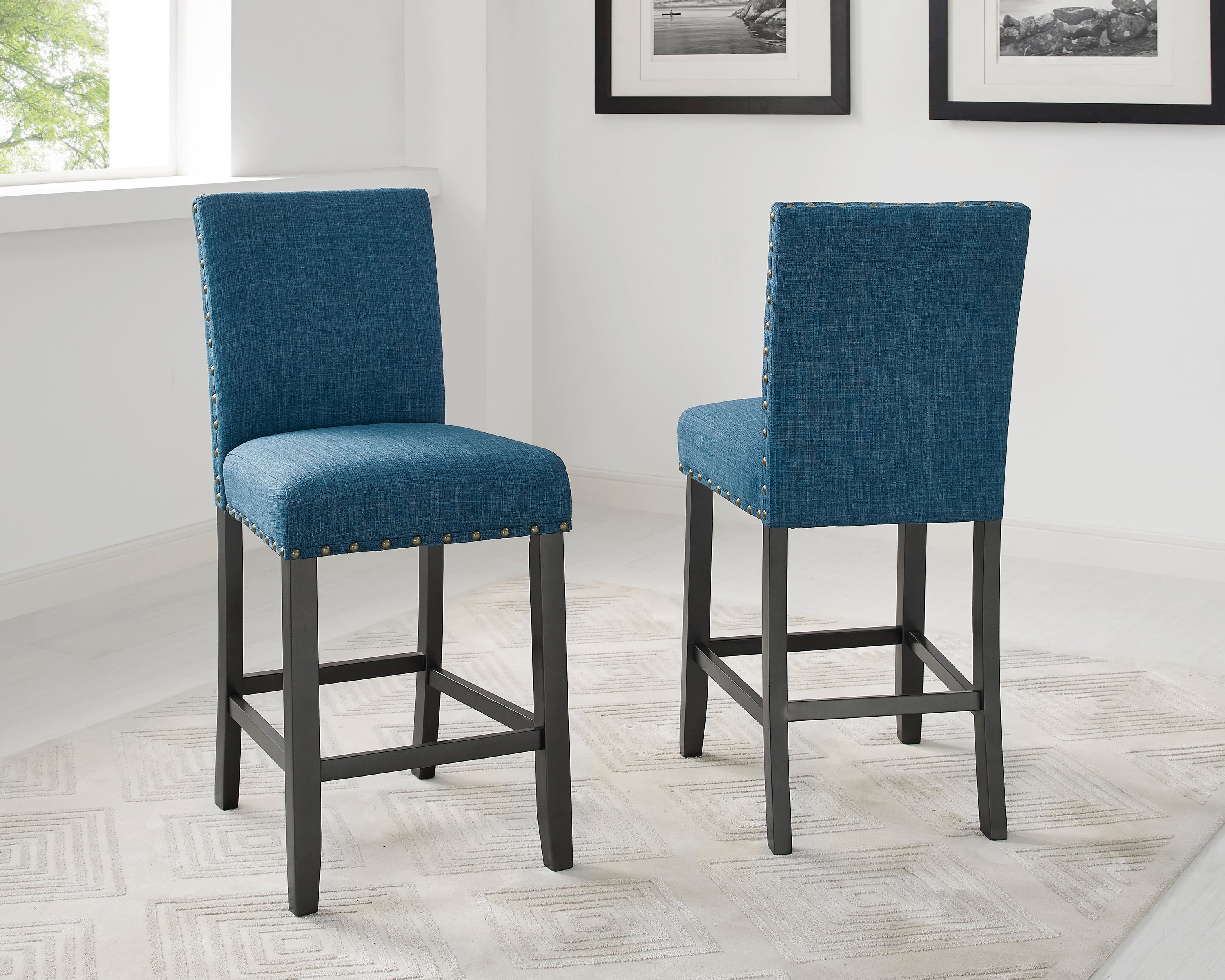 Roundhill Furniture Biony Fabric Counter Height Bar Stools with Nailhead Trim, Set of 2 - Modern Kitchen Island & Breakfast Nook Seating for Home & Office