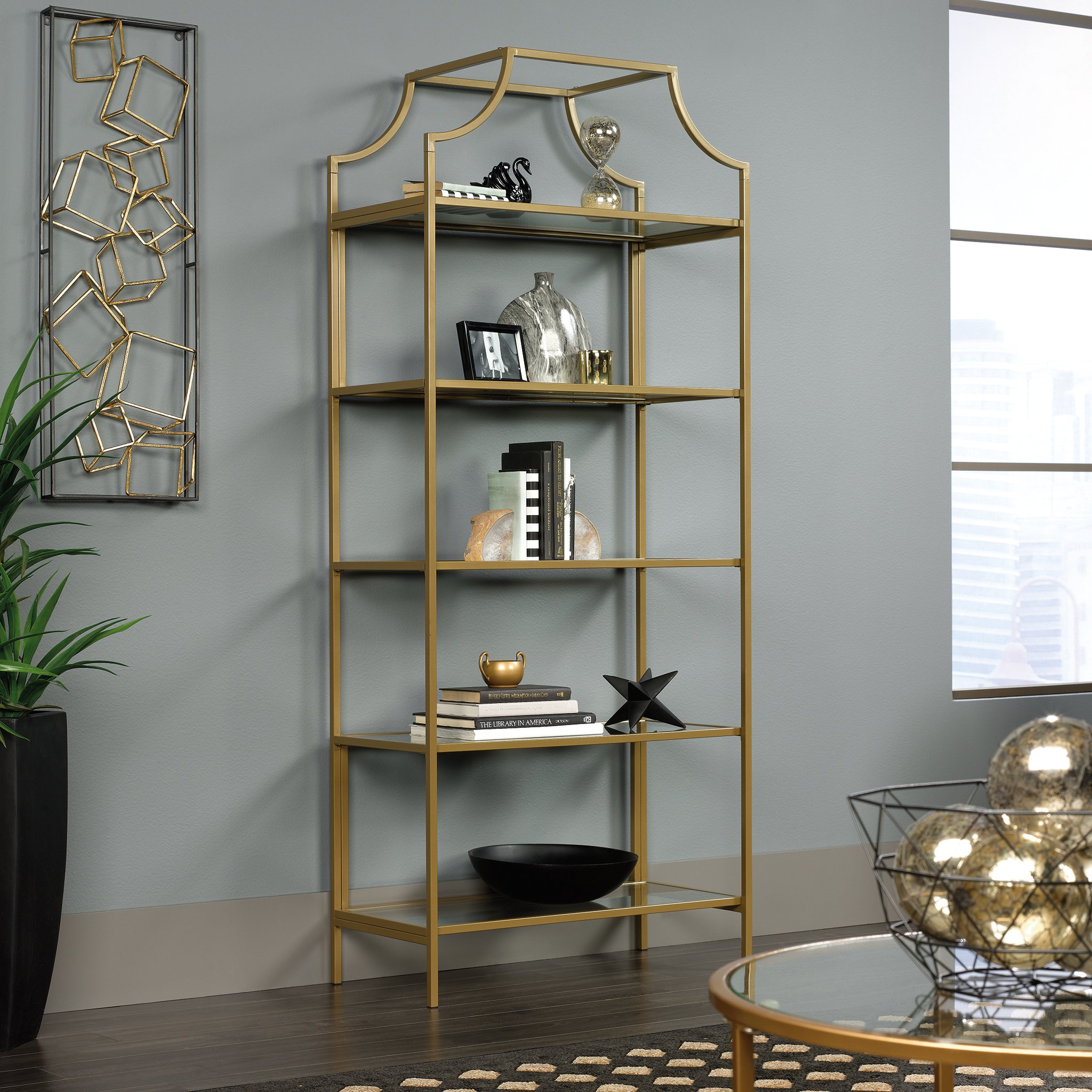 Sauder 424974 Curiod Bookcase in Satin Gold Finish - Modern Bookshelf for Living Room, Bedroom & Office Storage