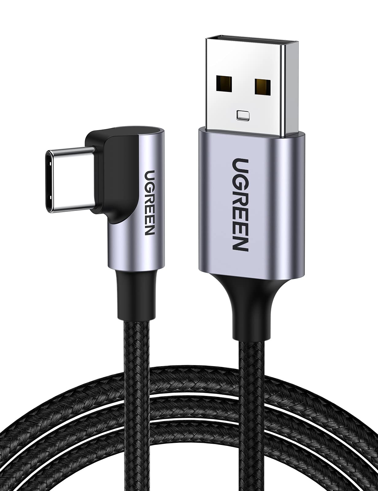 UGREEN 90 Degree Right Angle USB C Cable 10ft - Fast Charging USB to USB C Cord with Nylon Braiding - Compatible with iPhone 16/15 Pro, Galaxy S25/S24 Ultra, PS5 Controller, LG Velvet - Perfect for Gaming, Travel & Home Charging