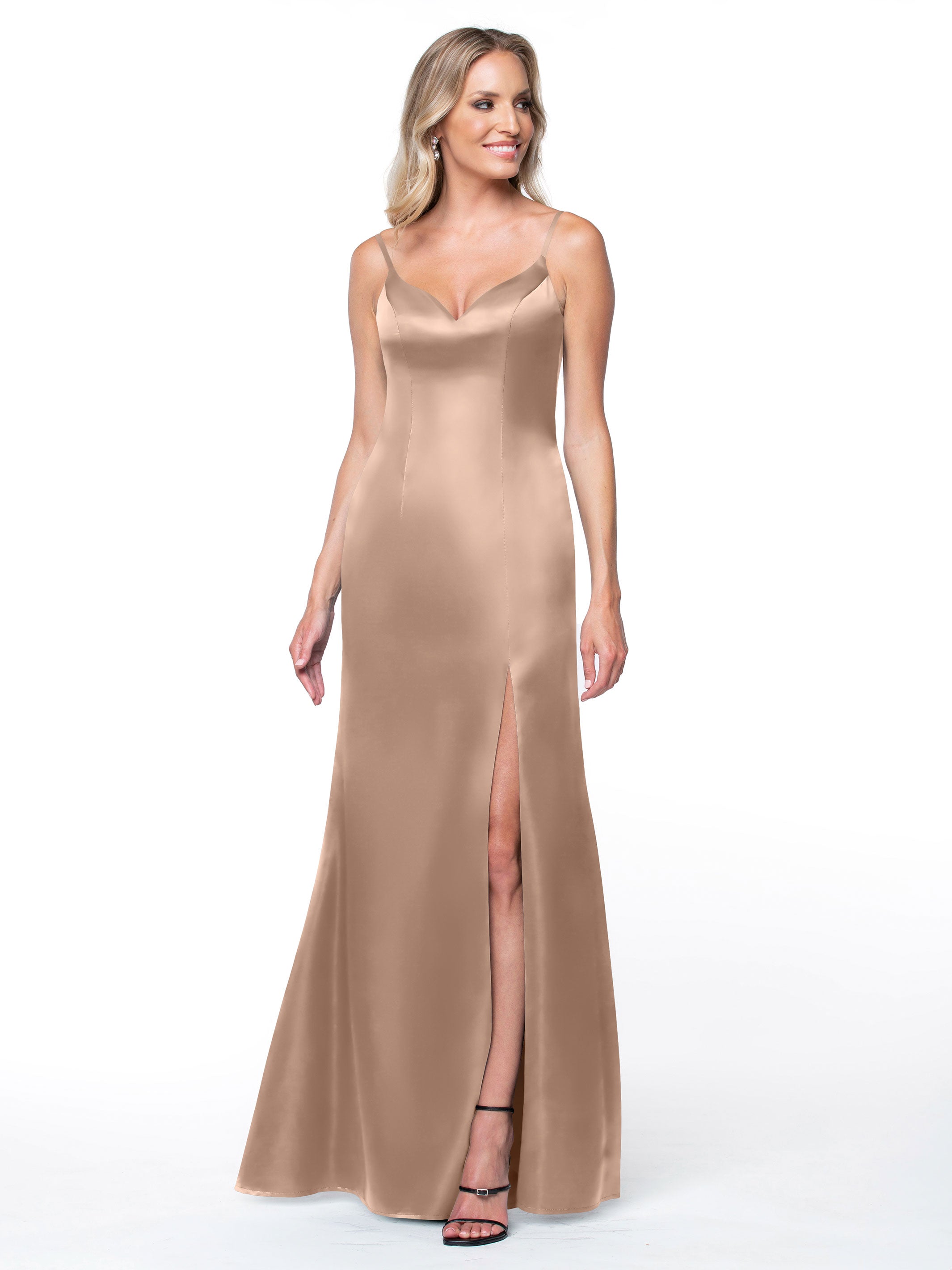 Elegant 80132 Fit and Flare Satin Bridesmaid Dress with Thigh High Slit - Perfect for Weddings, Proms, and Formal Events
