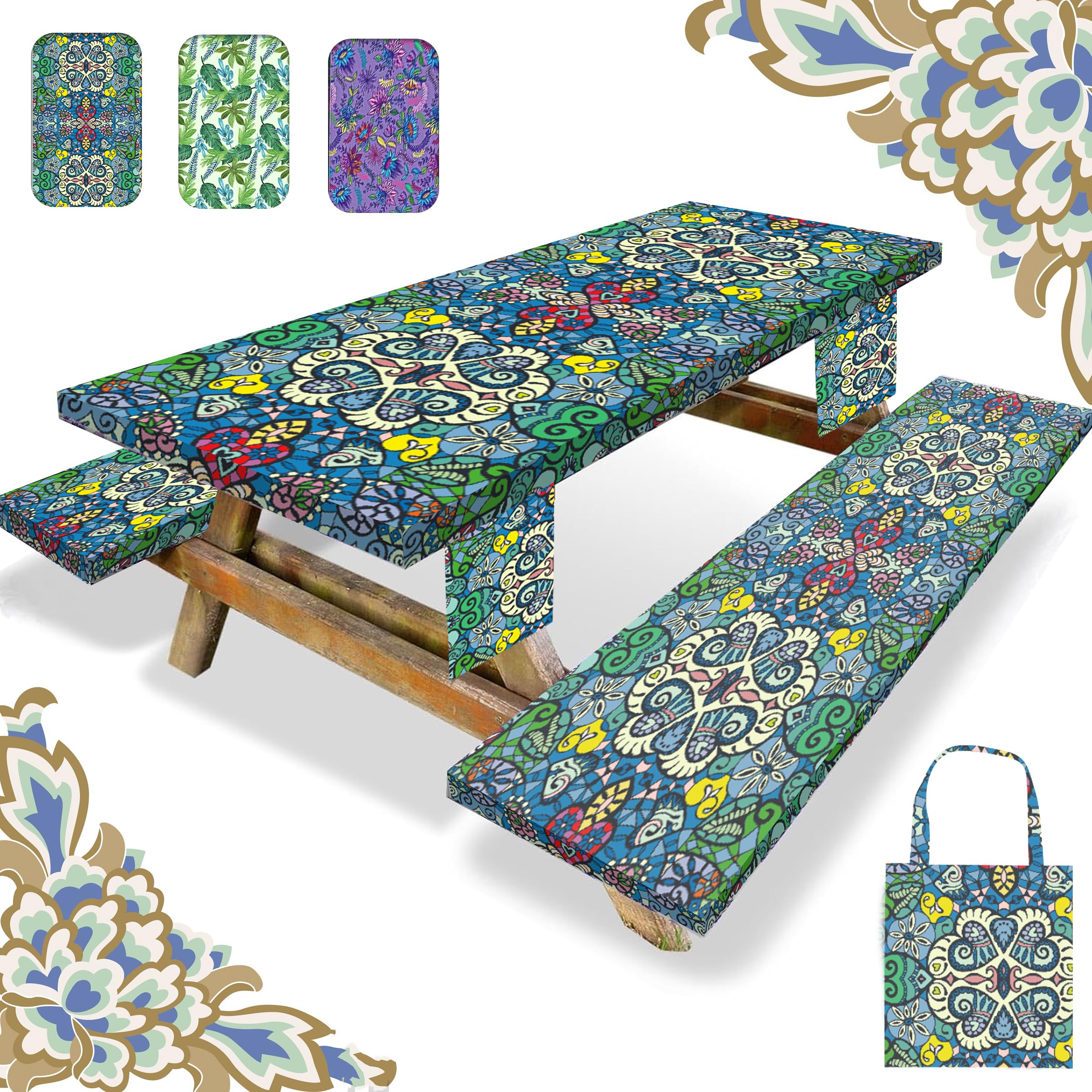 Waterproof Windproof Picnic Table Cover with Bench Covers - Elastic Rectangle Tablecloth with Storage Bag (Blue-Green Mandala, 72x30 inches) - Perfect for Outdoor Dining, BBQs, Camping & Picnics