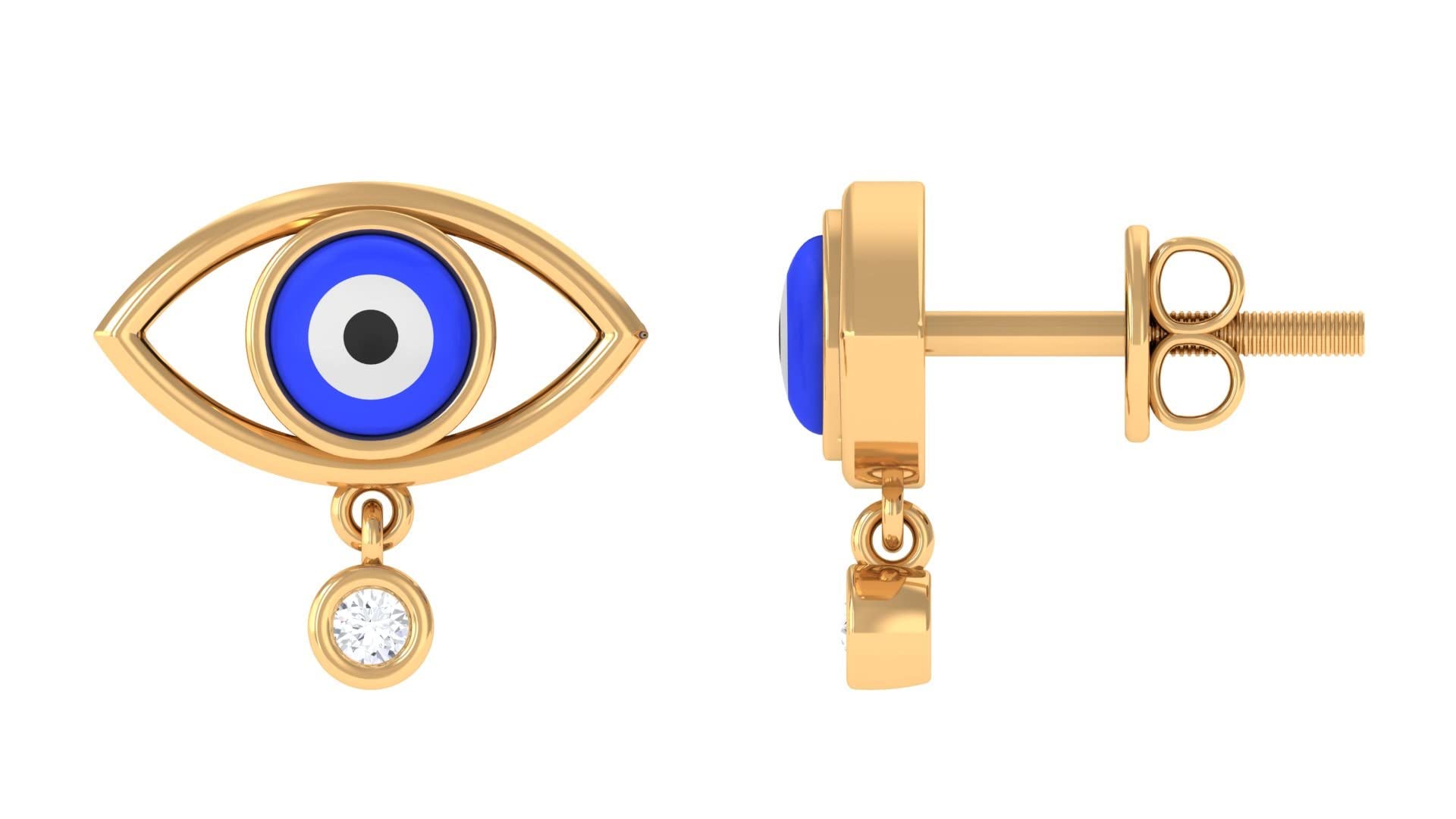 14K Solid Gold Diamond Stud Drop Earrings for Women - Bezel Set Evil Eye Design with April Birthstone | Elegant Dangle Earrings for Party, Wedding & Everyday Wear