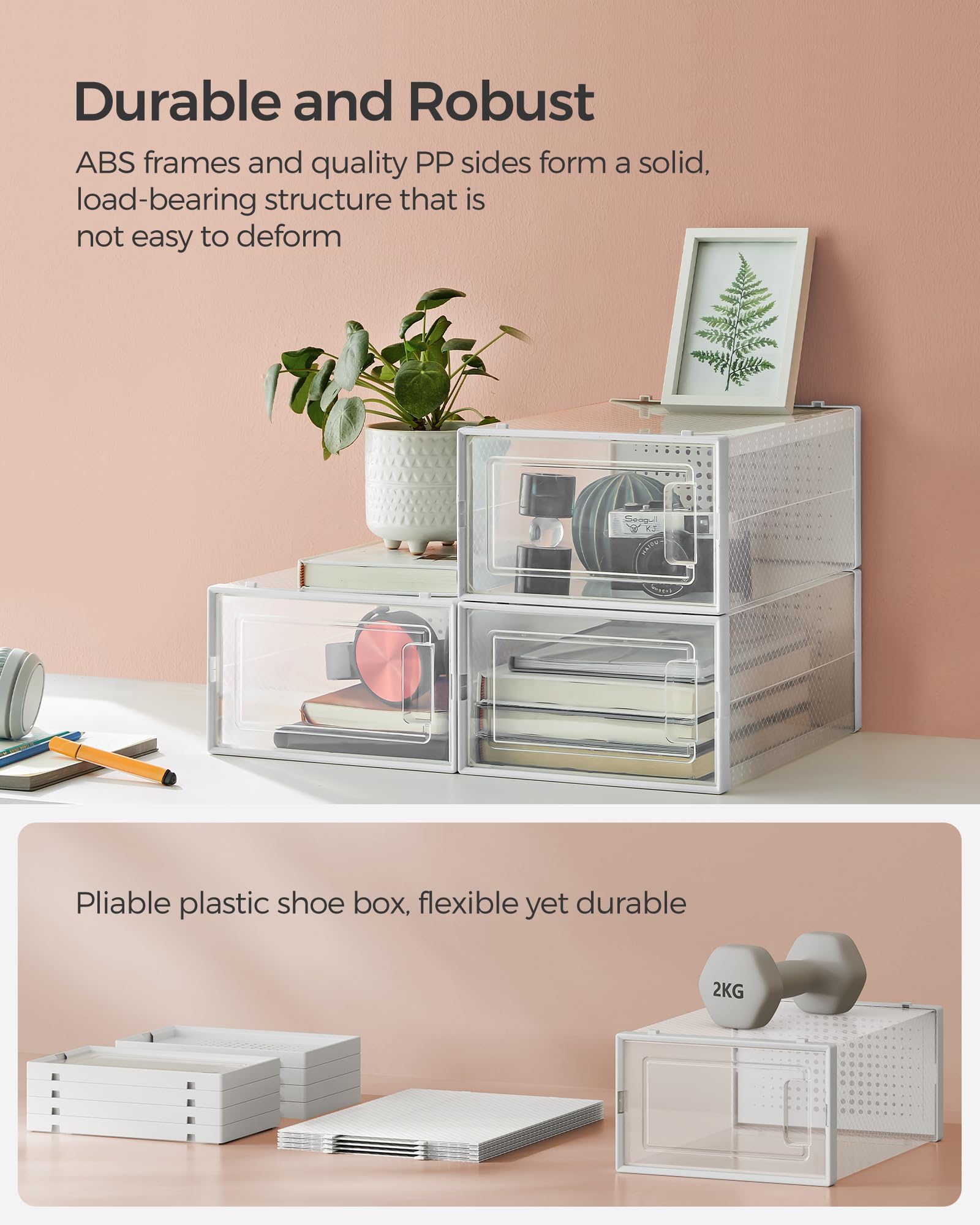 SONGMICS 12-Pack Clear Plastic Shoe Storage Boxes, Stackable Shoe Organizers for Closet - 9.1 x 13.1 x 5.6 Inches, Fits Up to US Men's Size 11 (Transparent & White) | Perfect for Sneaker Collection, Seasonal Shoe Rotation & Small Space Organization