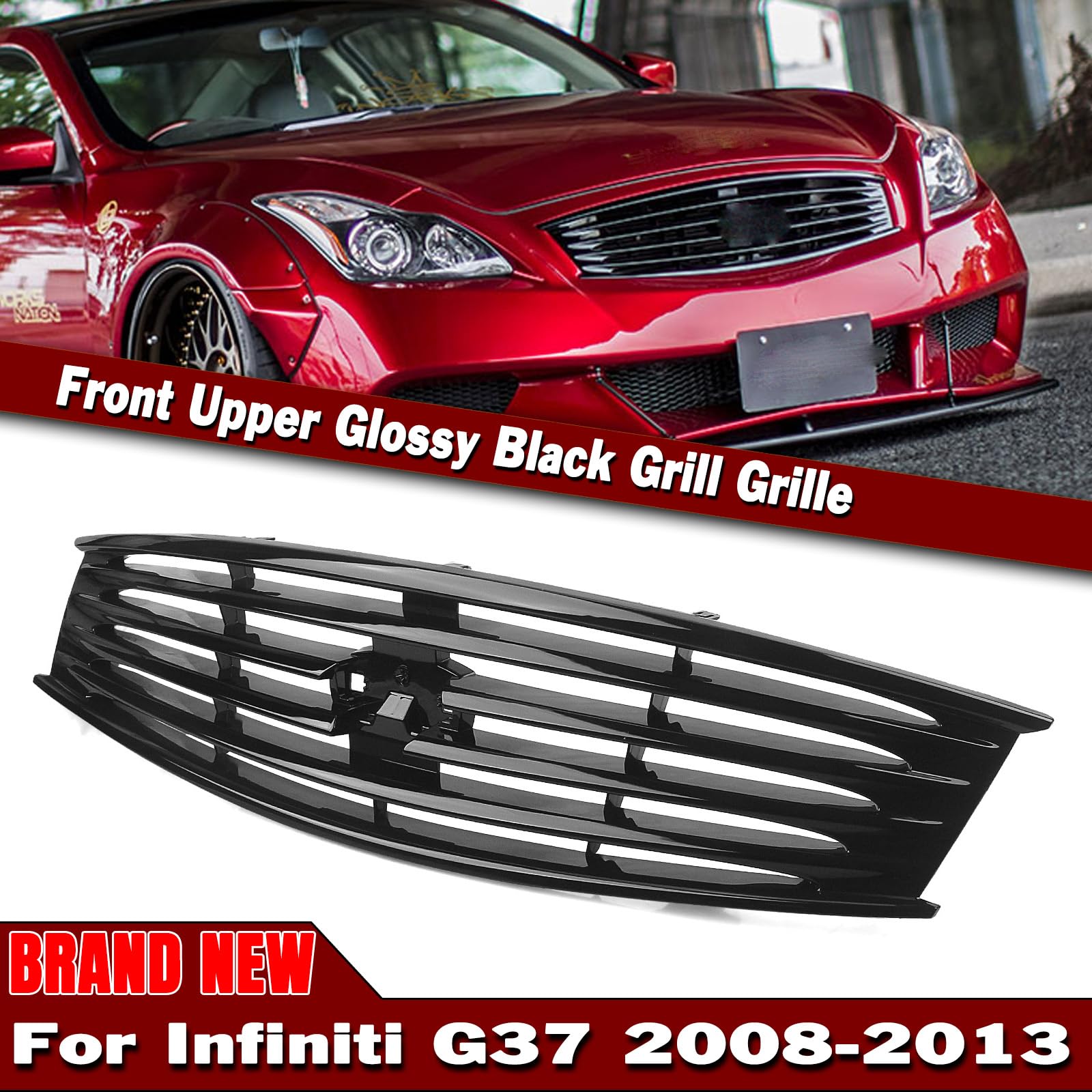 Glossy Black Front Bumper Grill Grille for Infiniti G37 Coupe 2008-2013 - Perfect Upgrade for Enhanced Style & Protection on 2-Door Models | Ideal for Car Enthusiasts & Custom Builds