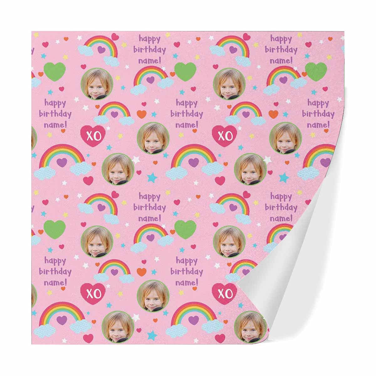 Personalized Photo & Name Wrapping Paper Roll - Happy Birthday Rainbow Hearts Pink Gift Wrap for Birthdays, Parties, Baby Showers - 2 Rolls 58