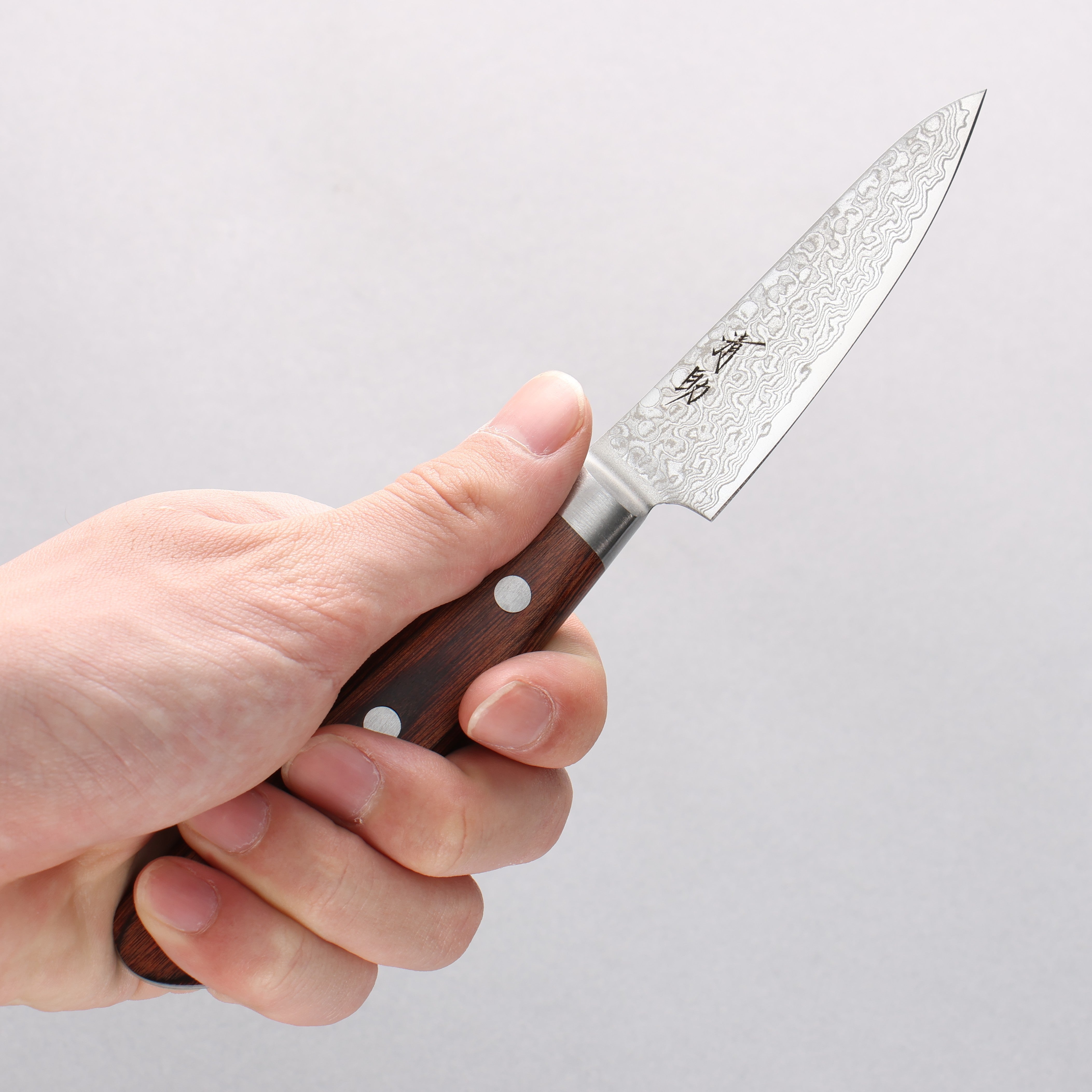 Seisuke Mokusei ZA 18 Damascus Petty Knife 80mm - Mirrored Finish, Brown Pakka Wood Handle - Perfect for Kitchen Slicing, Fruit Cutting & Food Prep