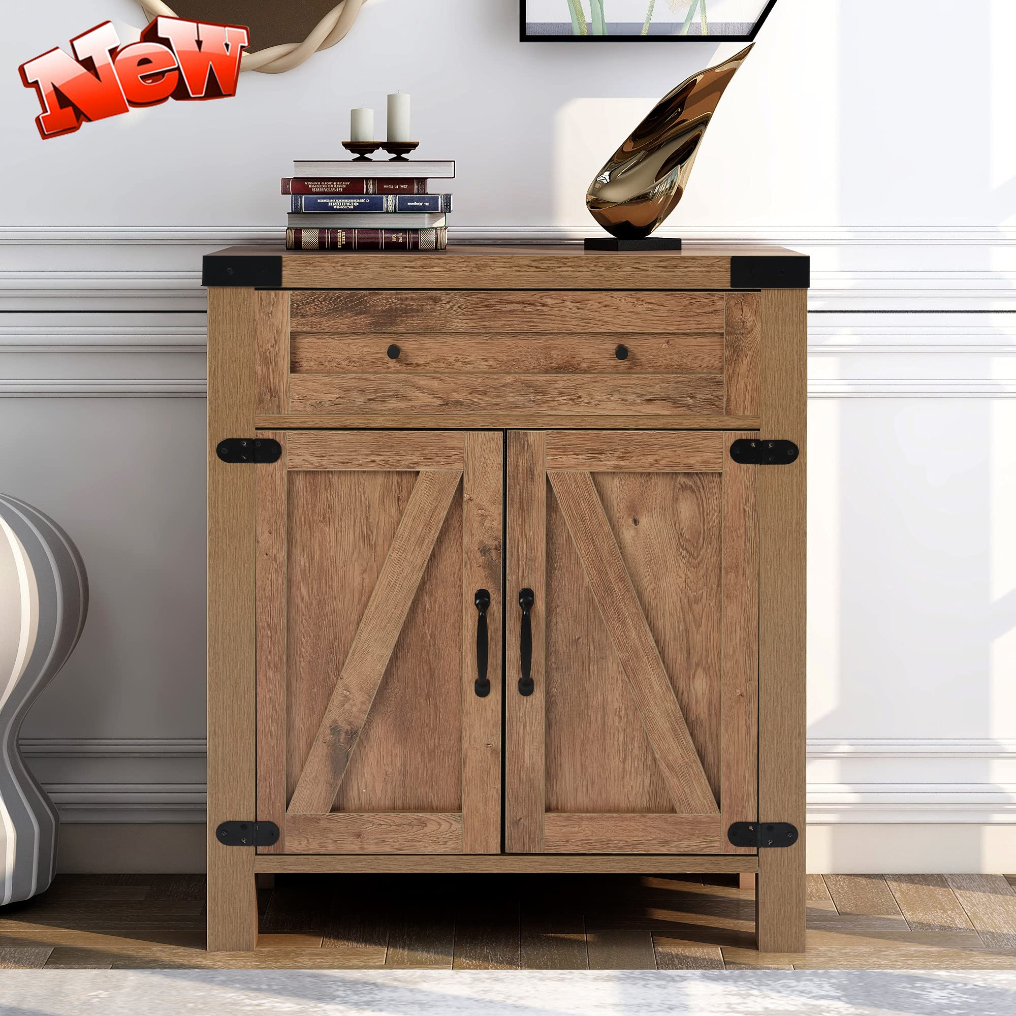 30 Inch Rustic Farmhouse Buffet Sideboard with Doors & Drawers - Solid Wood Storage Cabinet for Entryway, Kitchen, Dining & Living Room | Perfect for Serving, Organizing & Home Decor (Brown)