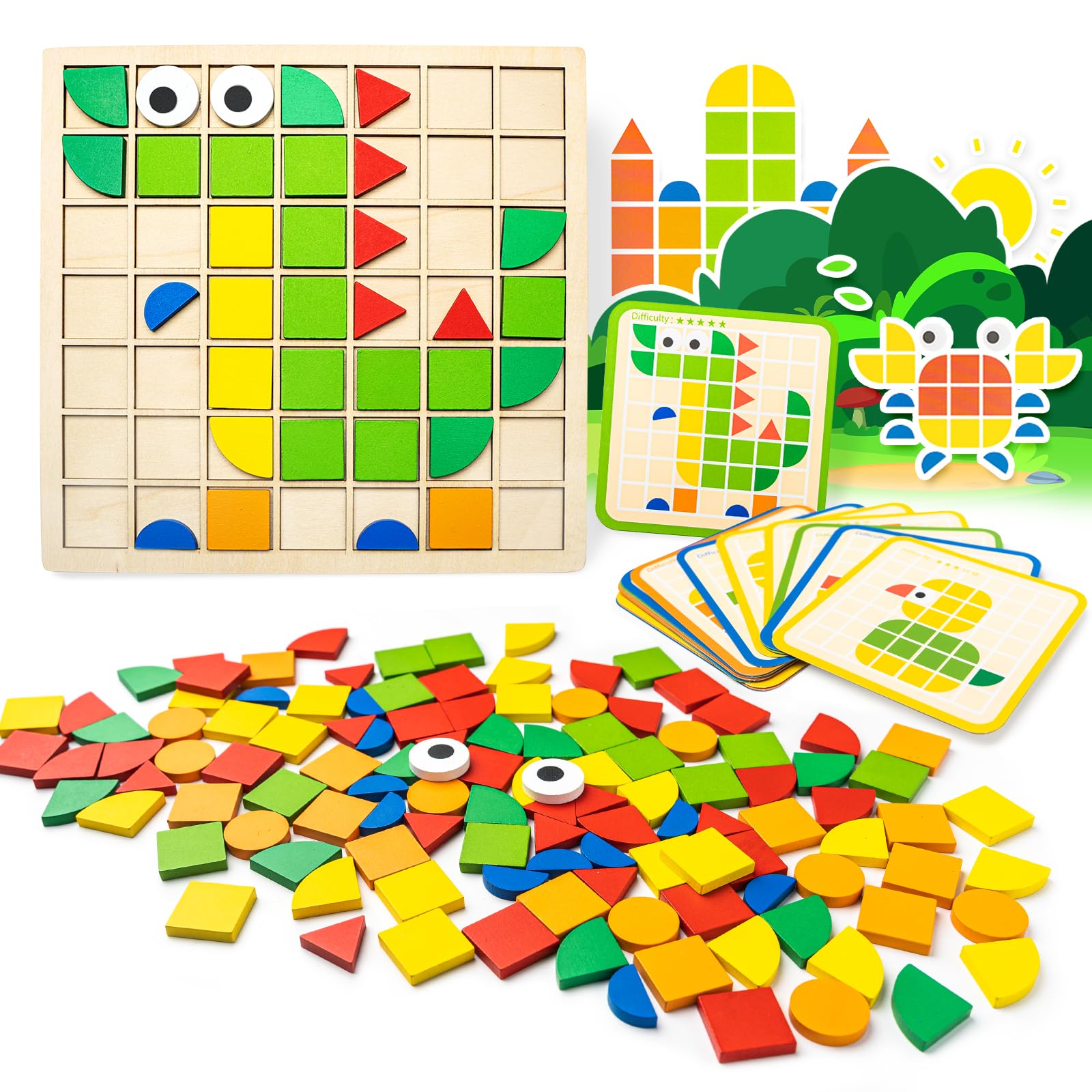 120 PCS Wooden Puzzle Blocks - Montessori Tangram Educational Toys for Kids Ages 3+, Colorful Shape Pattern Learning Games with Cards, Perfect for Kindergarten & Homeschooling - Great Gift for Toddlers & Preschoolers (Ideal for Early Childhood Development & STEM Learning)