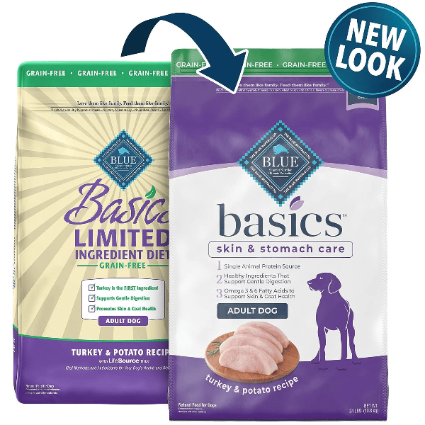 BLUE Basics Grain-Free Turkey & Potato Recipe Dry Dog Food for Skin & Stomach Care | Hypoallergenic Dog Food for Sensitive Stomachs & Allergies | Perfect for Adult Dogs with Food Sensitivities or Digestive Issues