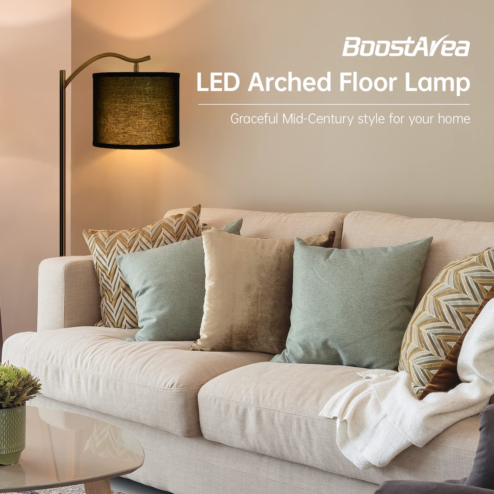 Modern LED Arched Floor Lamp with Black Linen Shade - Tall Standing Lamp for Living Room, Bedroom, Office & Corner - E26 Socket & Footswitch - Mid Century Design for Home Decor & Reading Nook