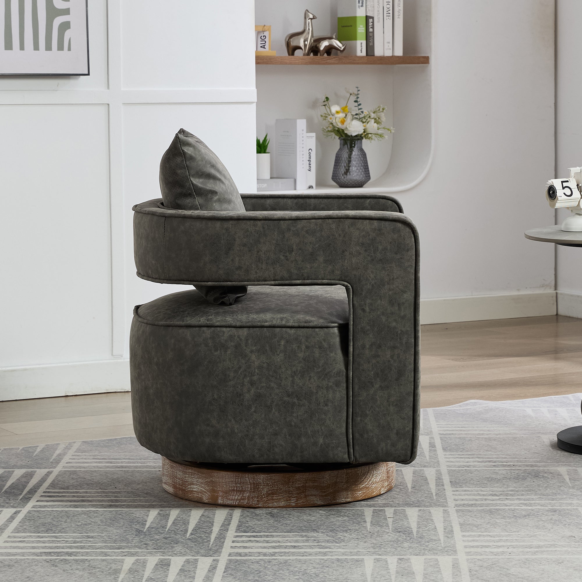 29.1W Swivel Accent Open Back Barrel Chair - Modern Comfy PU Sofa Chair with Weathered Base - Perfect for Nursery, Bedroom, Living Room, Hotel & Office - Club Chair Leisure Armchair for Lounge & Reading Corner (Gray)