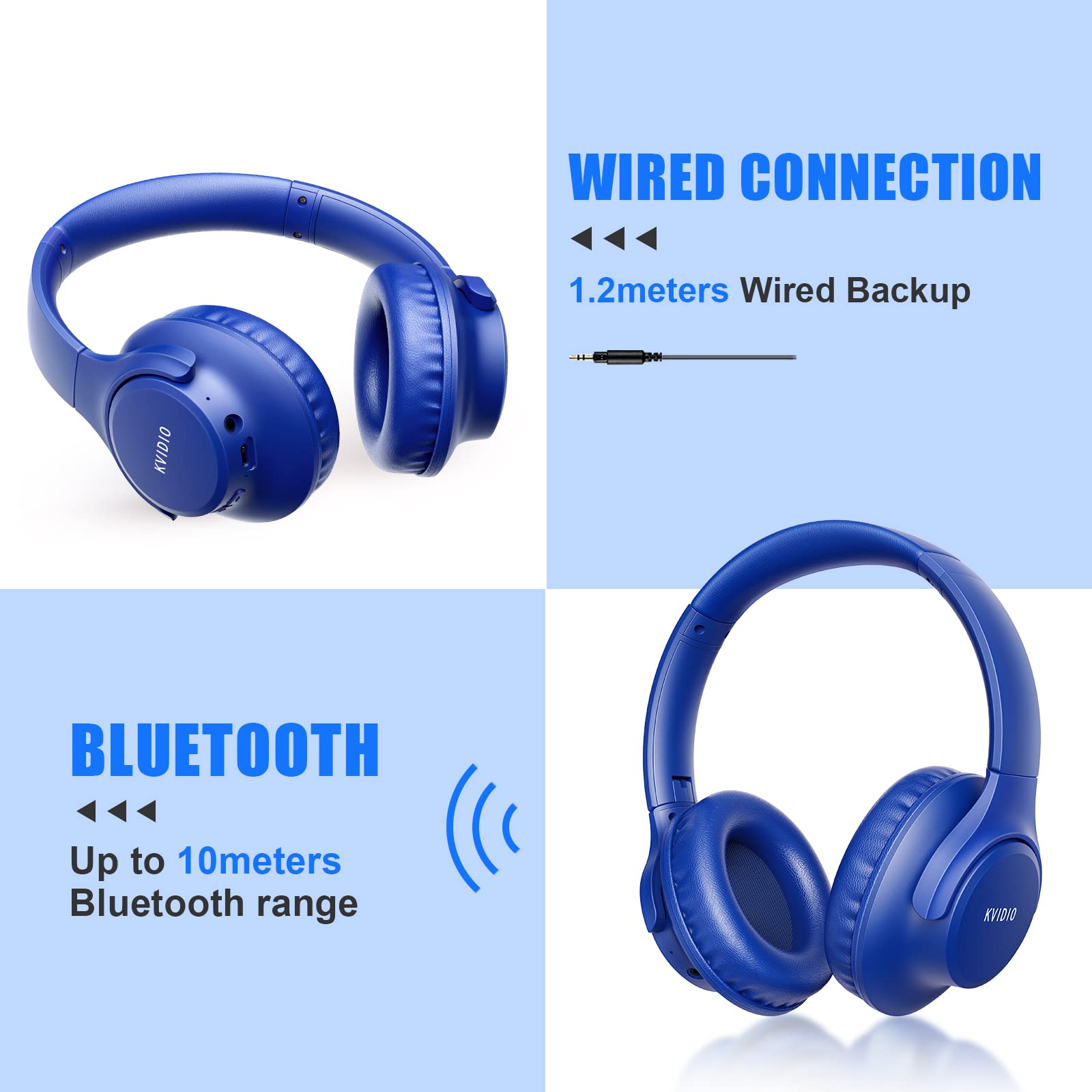 KVIDIO Bluetooth Over-Ear Headphones - 65H Playtime, Built-in Mic, Foldable & Lightweight with Deep Bass & HiFi Stereo Sound for Travel, Work, Gaming, PC & Smartphones (Blue) | Perfect for Commuting, Office Use & Entertainment
