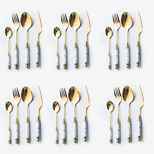 24-Piece Stainless Steel Silverware Set with Ceramic Marble Handles - Dishwasher Safe Flatware Cutlery for Dinner Parties, Weddings, and Everyday Use (White)